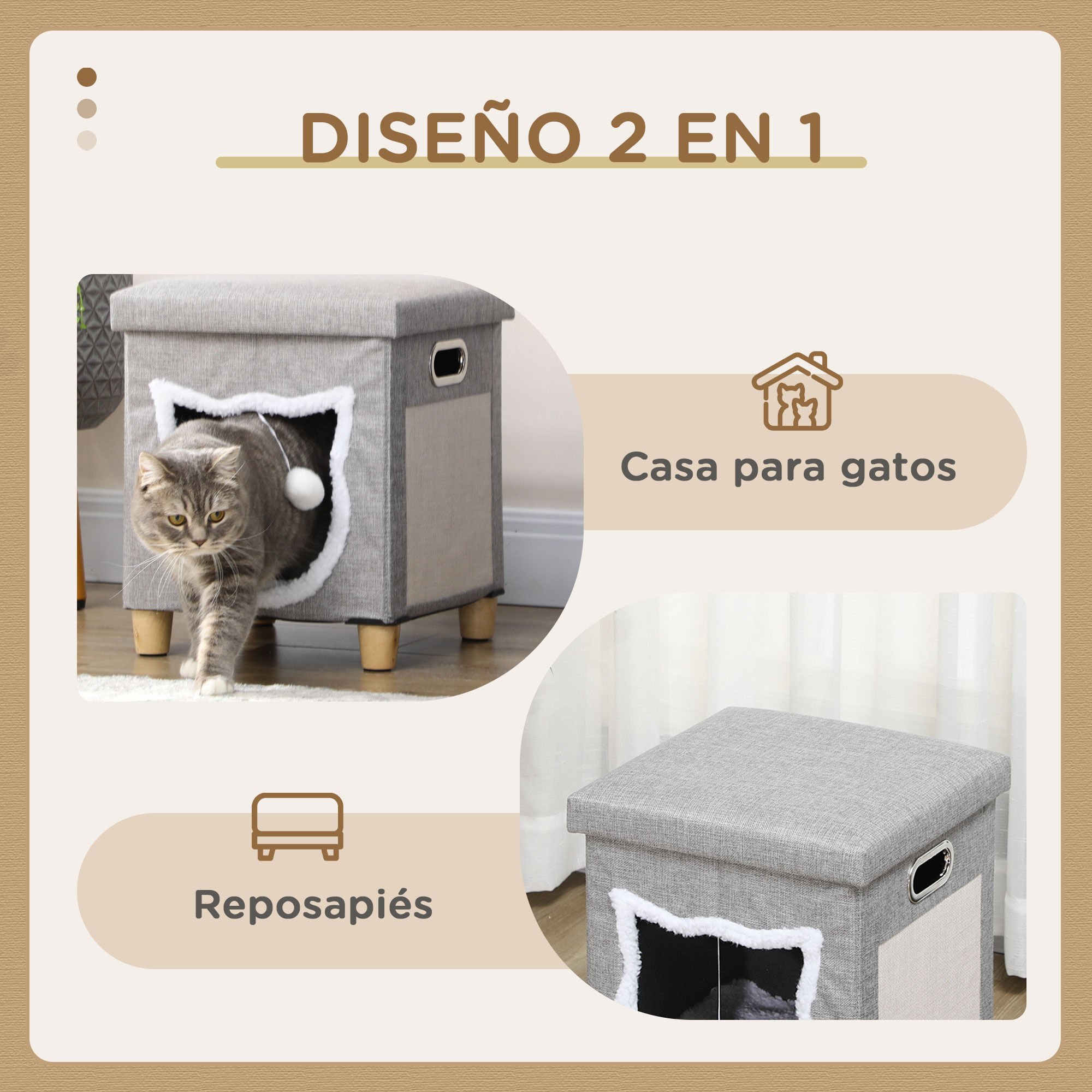 PawHut Cama Cueva de Gatos 2 en 1 Casa para Gatos Interior Tipo Reposapi&eacute;s con Coj&iacute;n Extra&iacute;ble Bola Colgante y Almohadilla para Rascar 35,5x35,5x42,5 cm Gris., , large Imagen numero 4