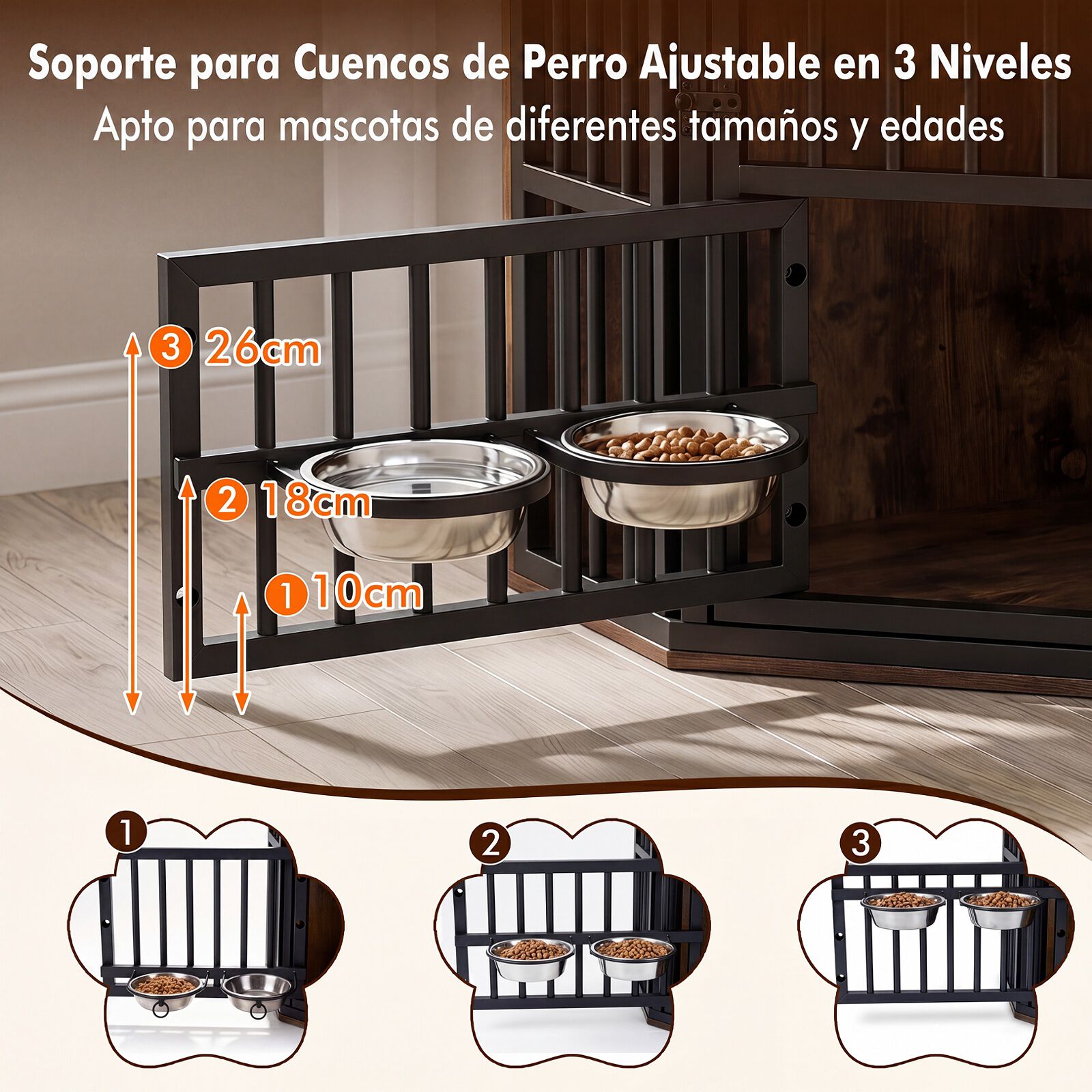 COSTWAY Jaula Esquinera para Perros Que Ahorra Espacio, Mueble Esquinera para Peque&ntilde;os Mascotas con Marco Met&aacute;lico, Estante para Comederos Ajustable 3 Niveles, Mesa Auxiliar Interior, 90 x 55 x 60 cm, , large Imagen numero 3