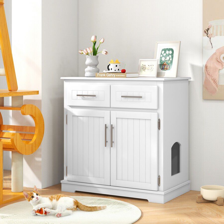 COSTWAY Caja de Arena para Gatos con Enclosure Oculto, Mueble de Madera para Mascotas con 2 Cajones, Puertas Dobles, Dispositivos Antivuelco, Mueble Moderno para Gatos con Almacenamiento para Gatos, , large Imagen numero 2