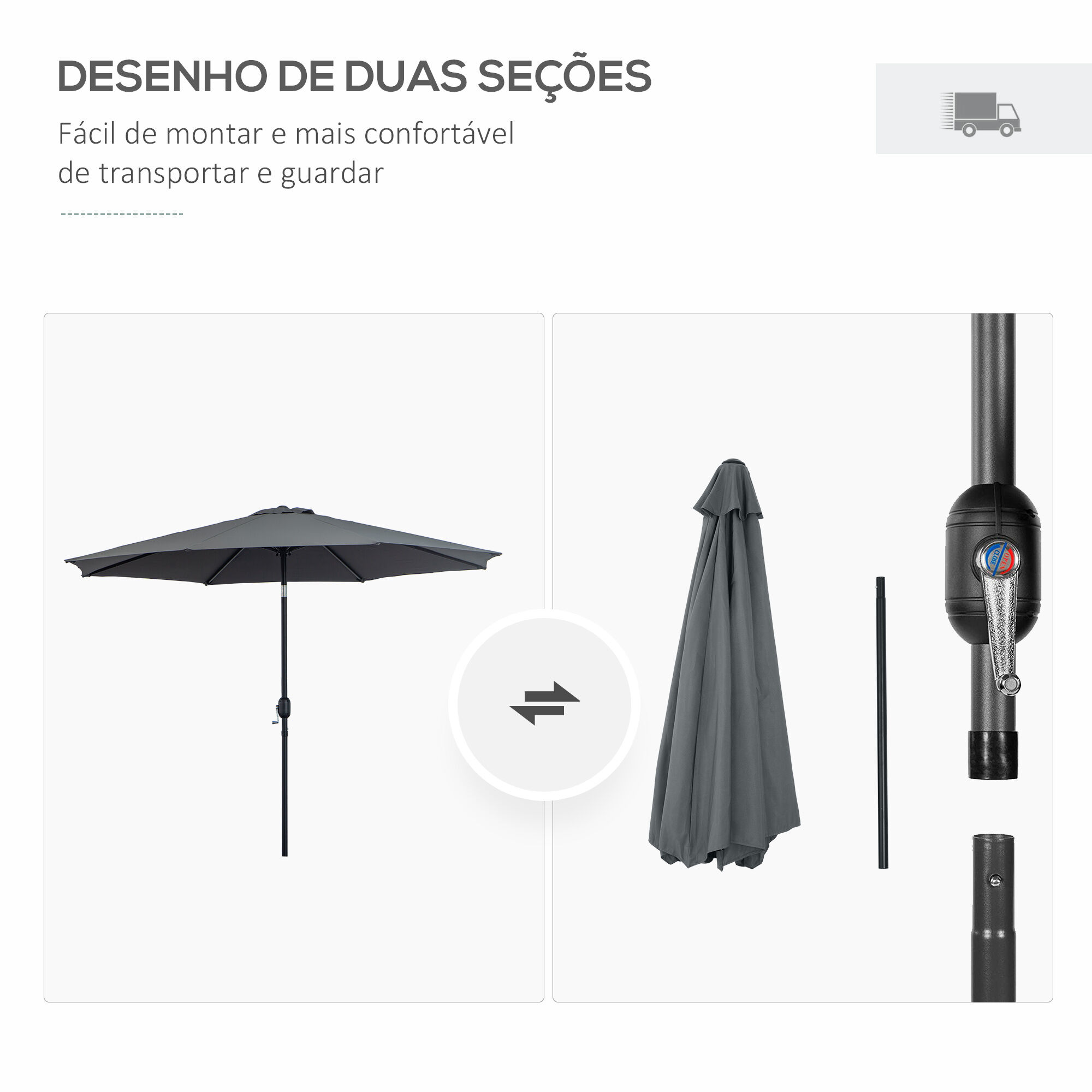 Outsunny Sombrilla de Jard&iacute;n &Oslash;295x250 cm con Manivela Parasol Exterior con Mecanismo de Inclinaci&oacute;n y Poste Desmontable de Metal para Terraza Piscina Patio Gris Oscuro, , large Imagen numero 4