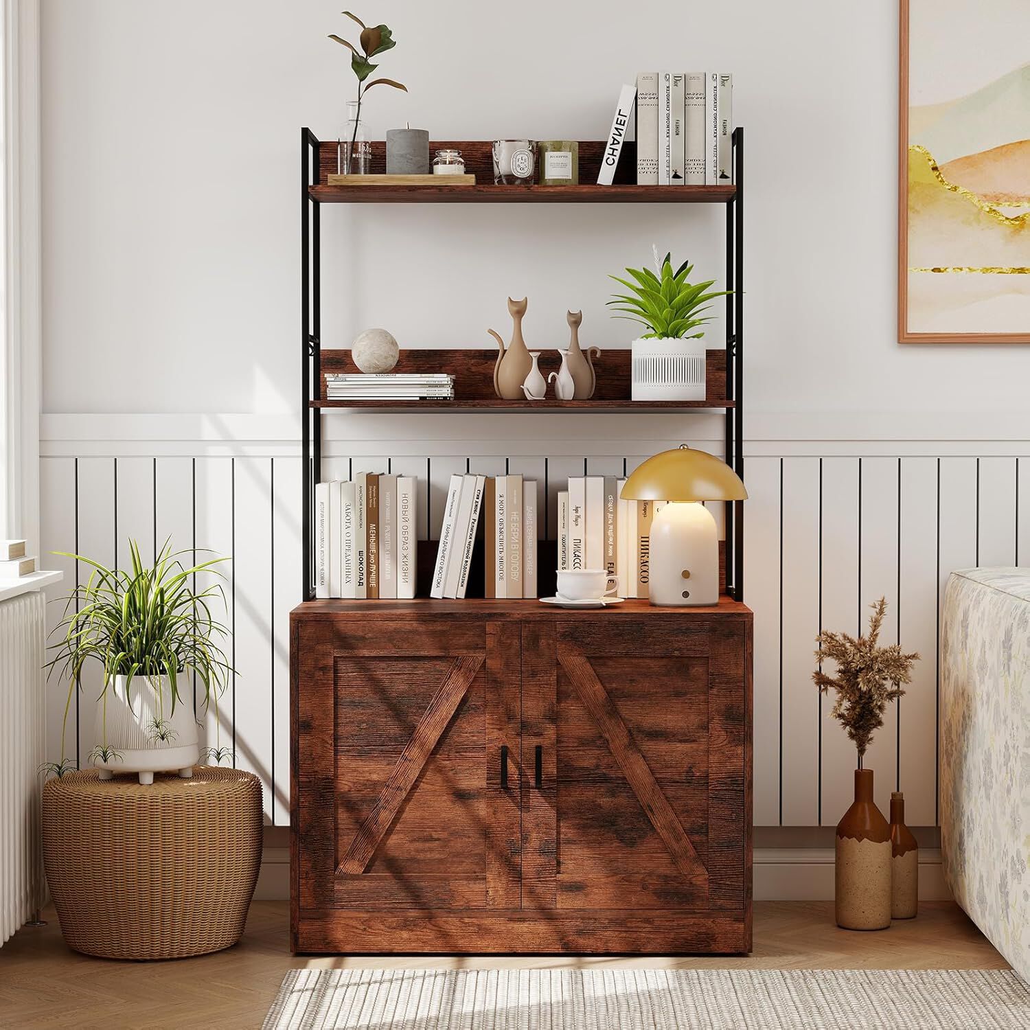 COSTWAY Mueble Arenero para Gatos, Caja de Arena Grande para Tirar Muebles Oculto para Ba&ntilde;o con Estantes de 3 Niveles, 4 Ganchos, Armario con 2 Puertas, Entrada Lateral, 80x48x145 cm (Marr&oacute;n + Negro), , large Imagen numero 2