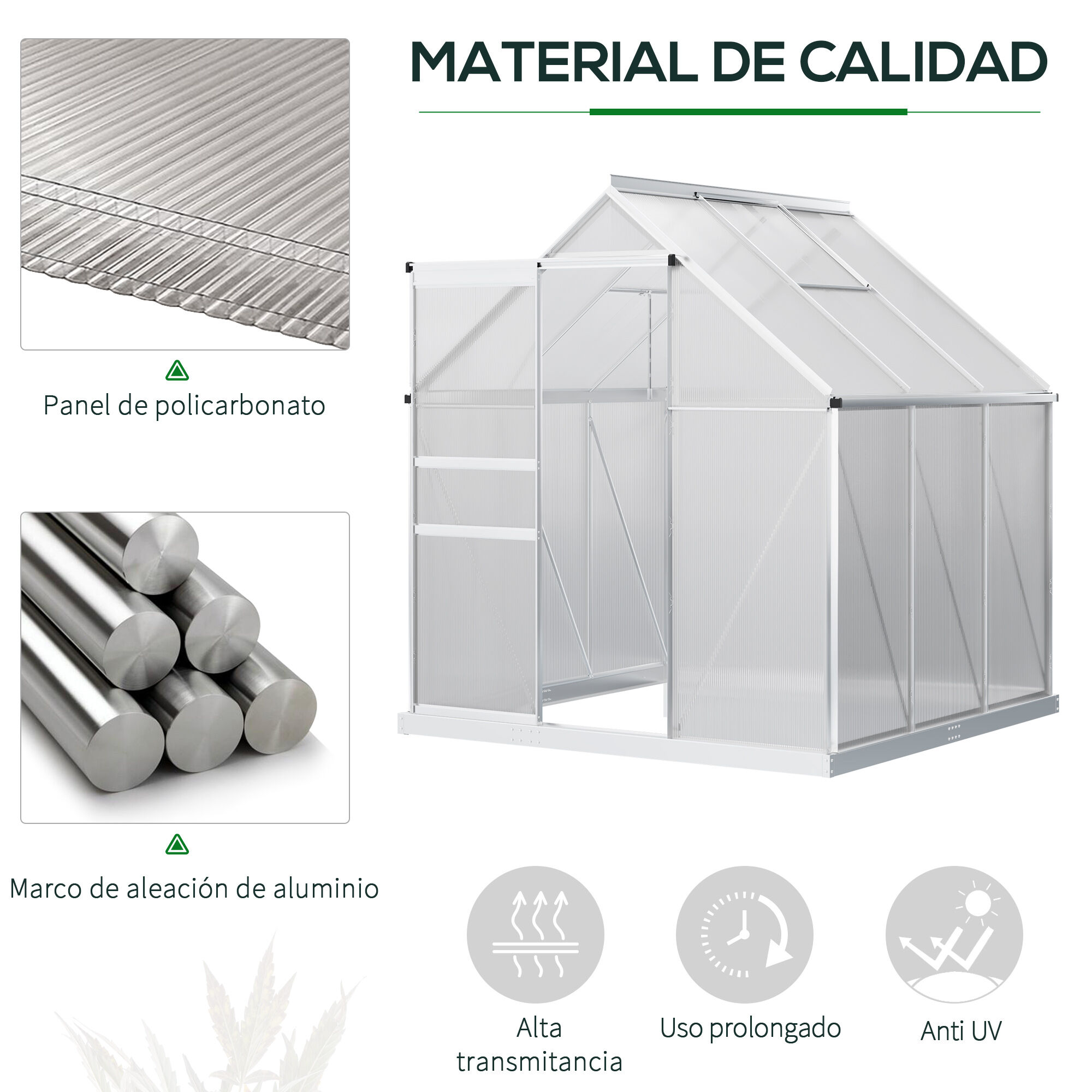 Outsunny Invernadero Policarbonato Aluminio de Jard&iacute;n 190x190x200 cm 3,6m&sup2; Caseta de Exterior con Base Puerta Corredera y 2 Tragaluces para Cultivo Plantas Semillas Transparente, , large Imagen numero 4