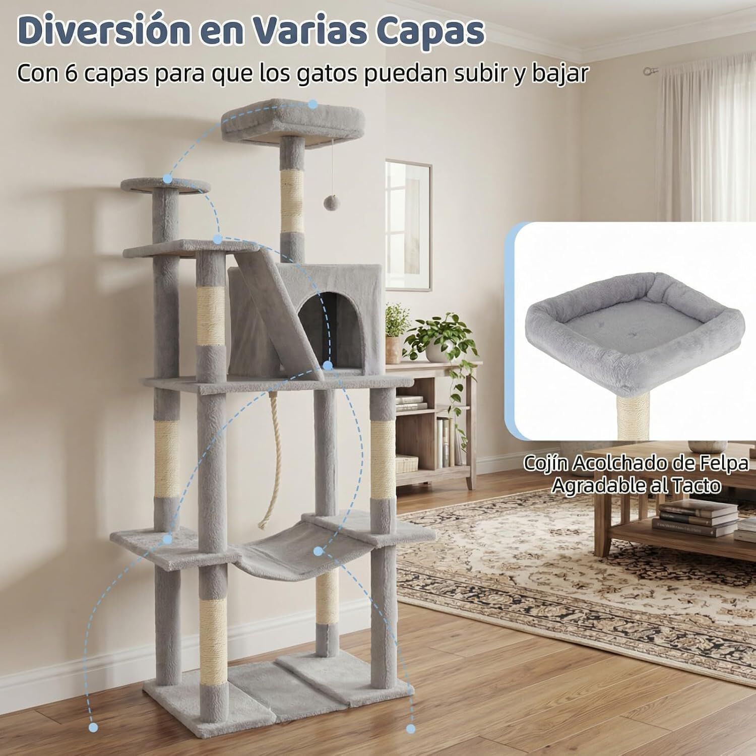 COSTWAY &Aacute;rbol Rascador para Gatos 158 CM, Torre Multinivel con 2 Cuevas Grandes,Hamaca, 3 Postes Rascadores de Sisal, Rampa y Bola Colgante, Torre Rascador de Felpa para Gatos (Gris Claro), , large Imagen numero 4