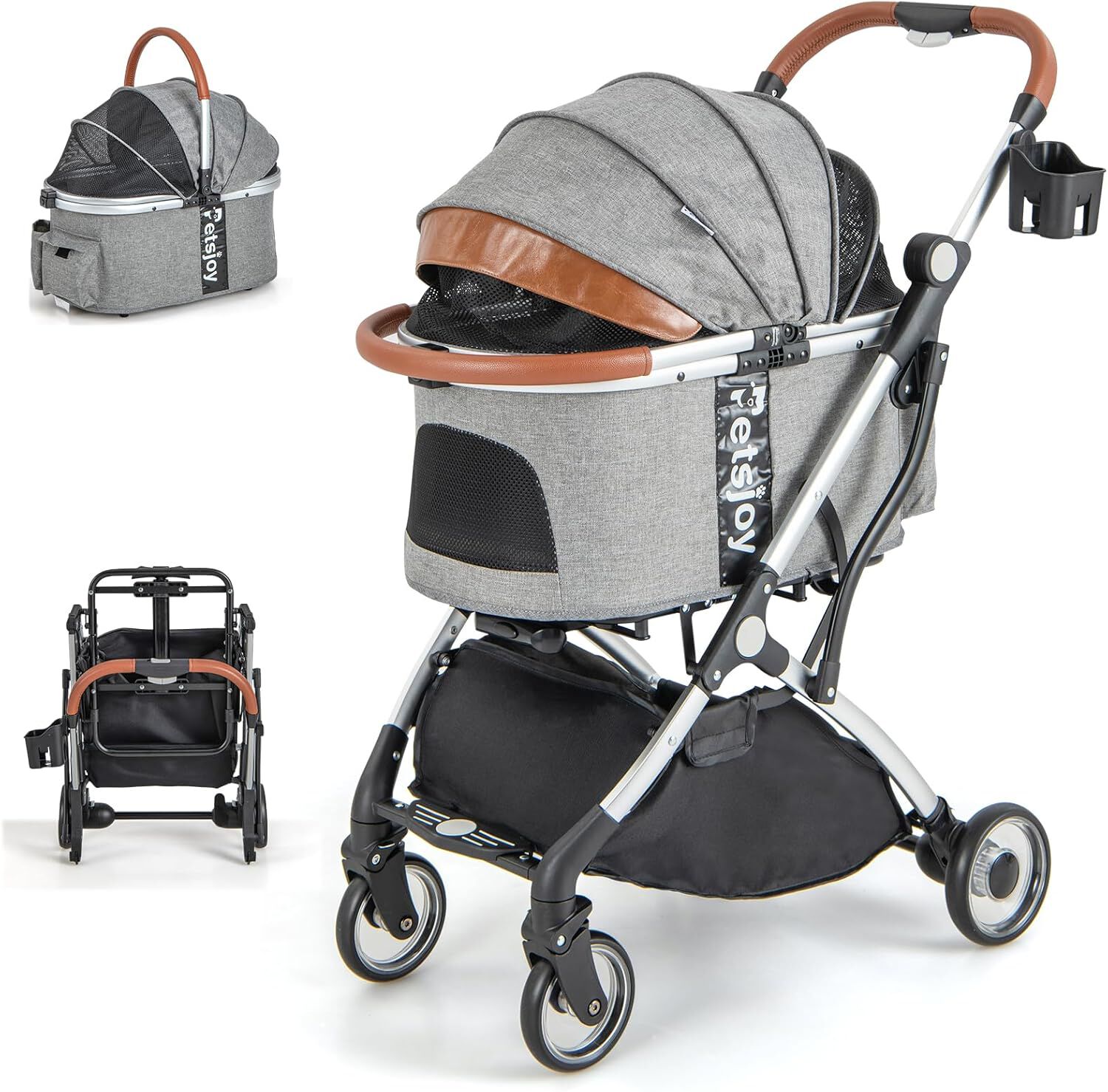 COSTWAY 3 en 1 Cochecito para Mascotas Plegable, Cochecito para Mascotas con Cubierta Desmontable, Cochecito para Perros y Gatos con Cesta de Almacenaje y Ruedas con Freno, 78 x 48 x 105 cm, , large Imagen numero 1