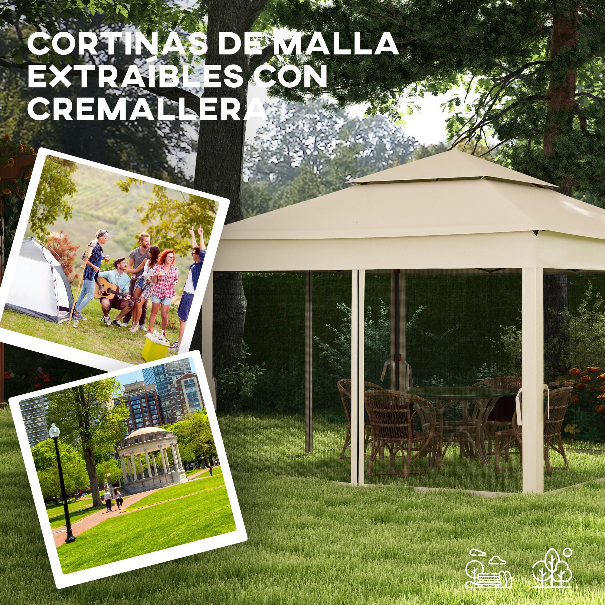 Outsunny Carpa Plegable 325x325x270 cm Cenador de Jard&iacute;n Gazebo con Doble Techo Paredes Laterales Desmontables y Marco Met&aacute;lico para Camping Fiestas Crema, , large Imagen numero 4