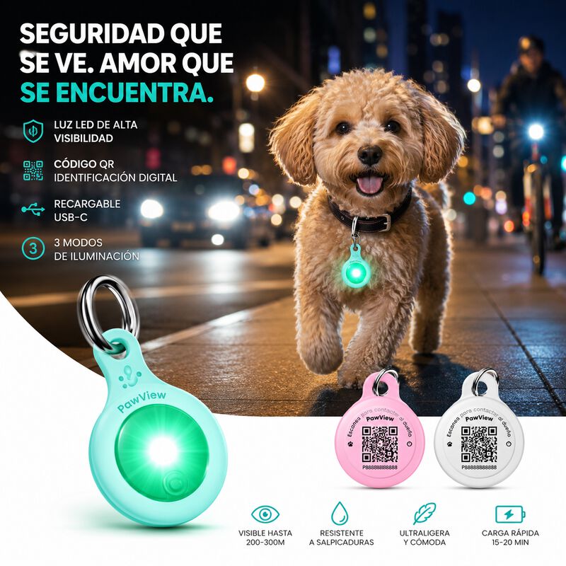 PawView Luz LED de Seguridad para Perros y Gatos con C&oacute;digo QR, Identificaci&oacute;n Digital, USB-C Recargable y 3 Modos de Luz, , large Imagen numero 2