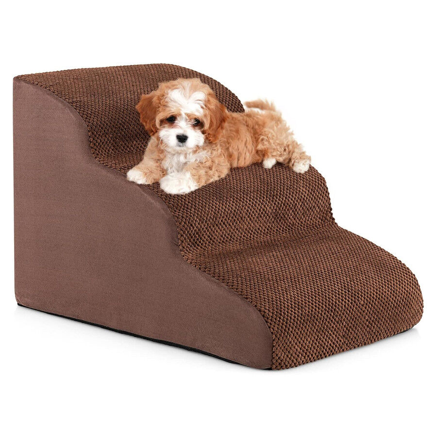COSTWAY Rampa para Perros de 3 Niveles de Espuma, Pelda&ntilde;os para Perros Antideslizantes con Esponja de Alta Densidad, Huellas de Silicona, Escalera Suave para Perros Peque&ntilde;os y Mayores, Color Caf&eacute;, , large Imagen numero 1