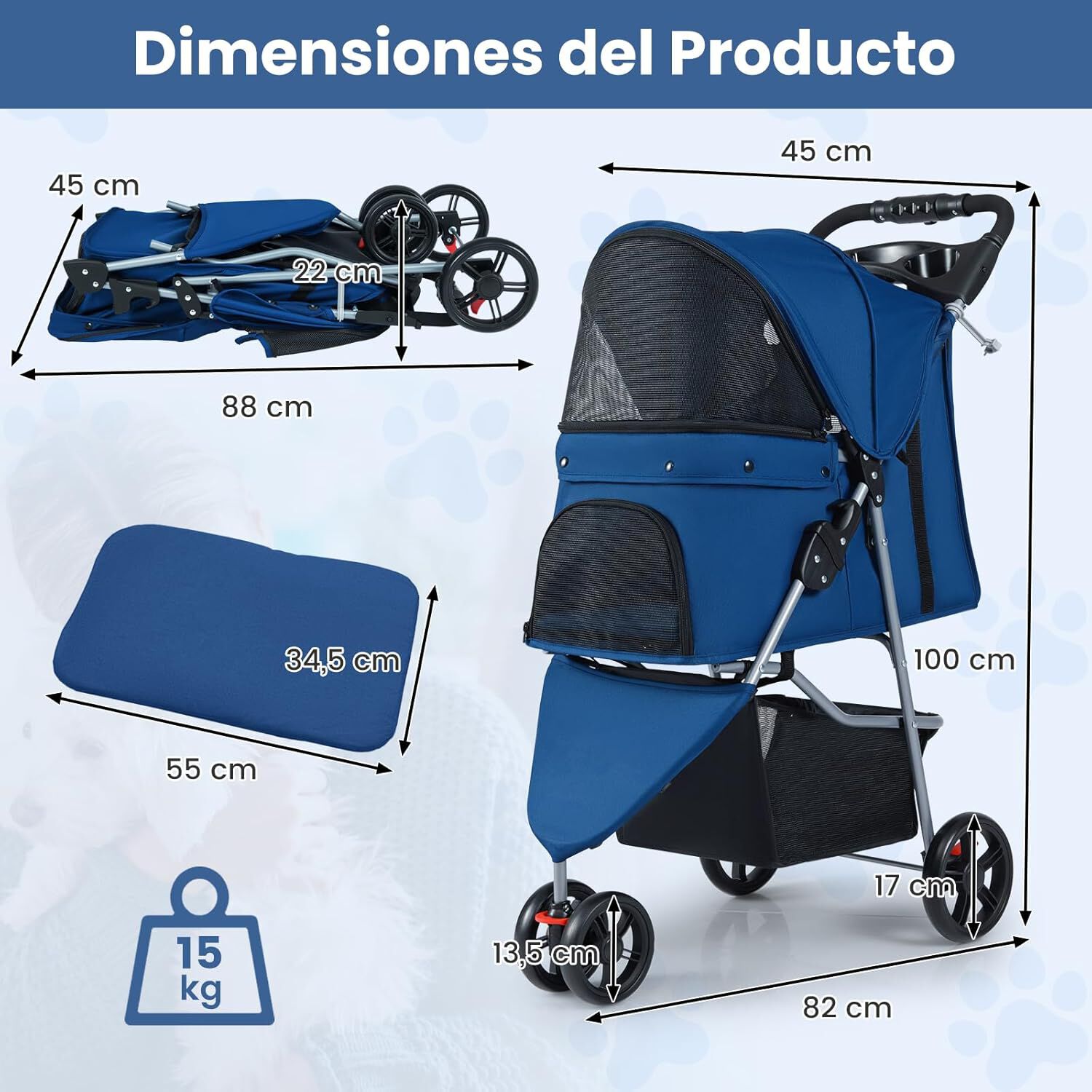 COSTWAY Cochecito Plegable para Mascotas, Carrito para Perros con Capota Ajustable, Almohadilla Lavable Extra&iacute;ble, Cesta de Almacenaje, Portavasos, Carro para Perros hasta 15 kg, 82x45x100 cm (Azul), , large Imagen numero 5
