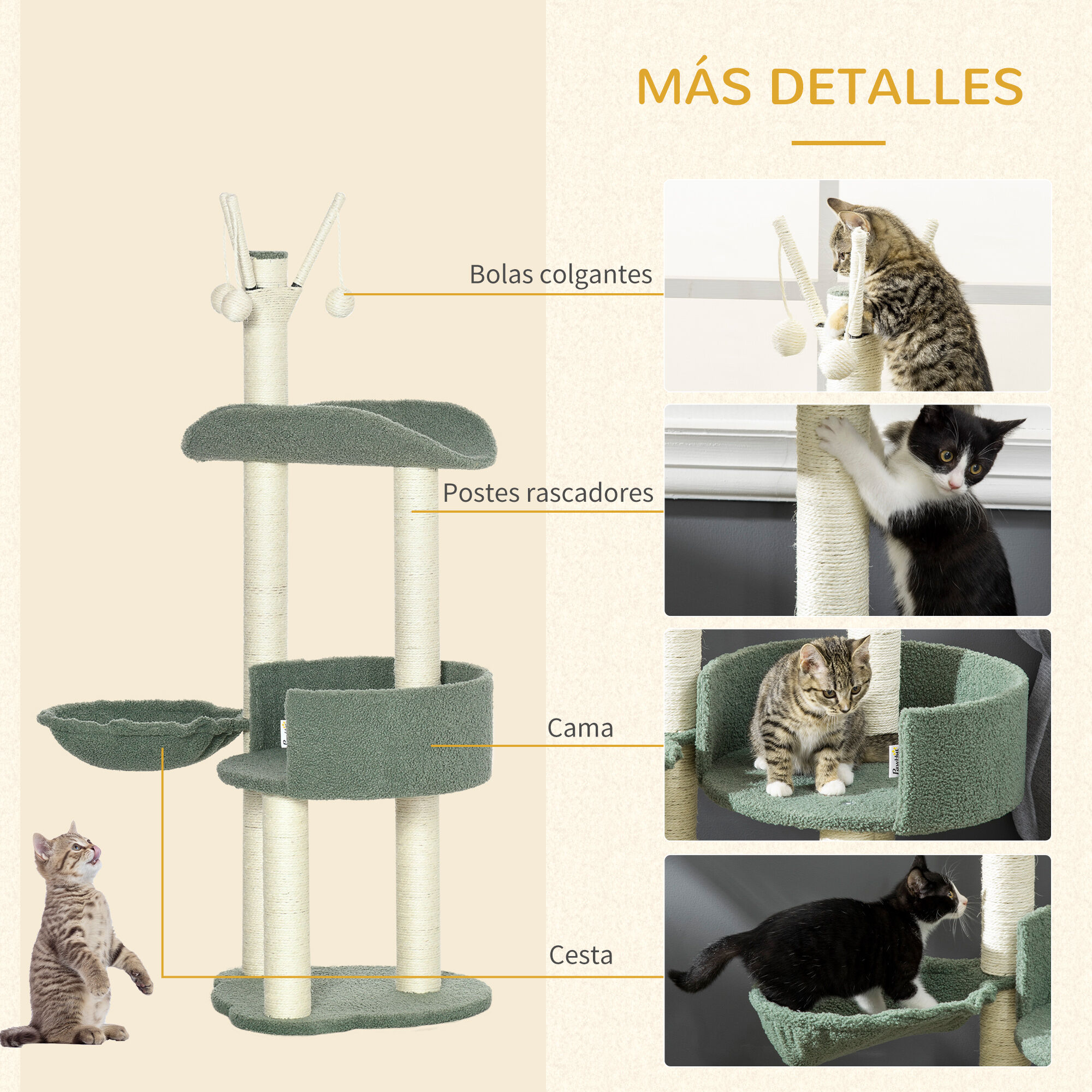 PawHut &Aacute;rbol Rascador para Gatos Torre para Gatos Verde y Crema, , large Imagen numero 5