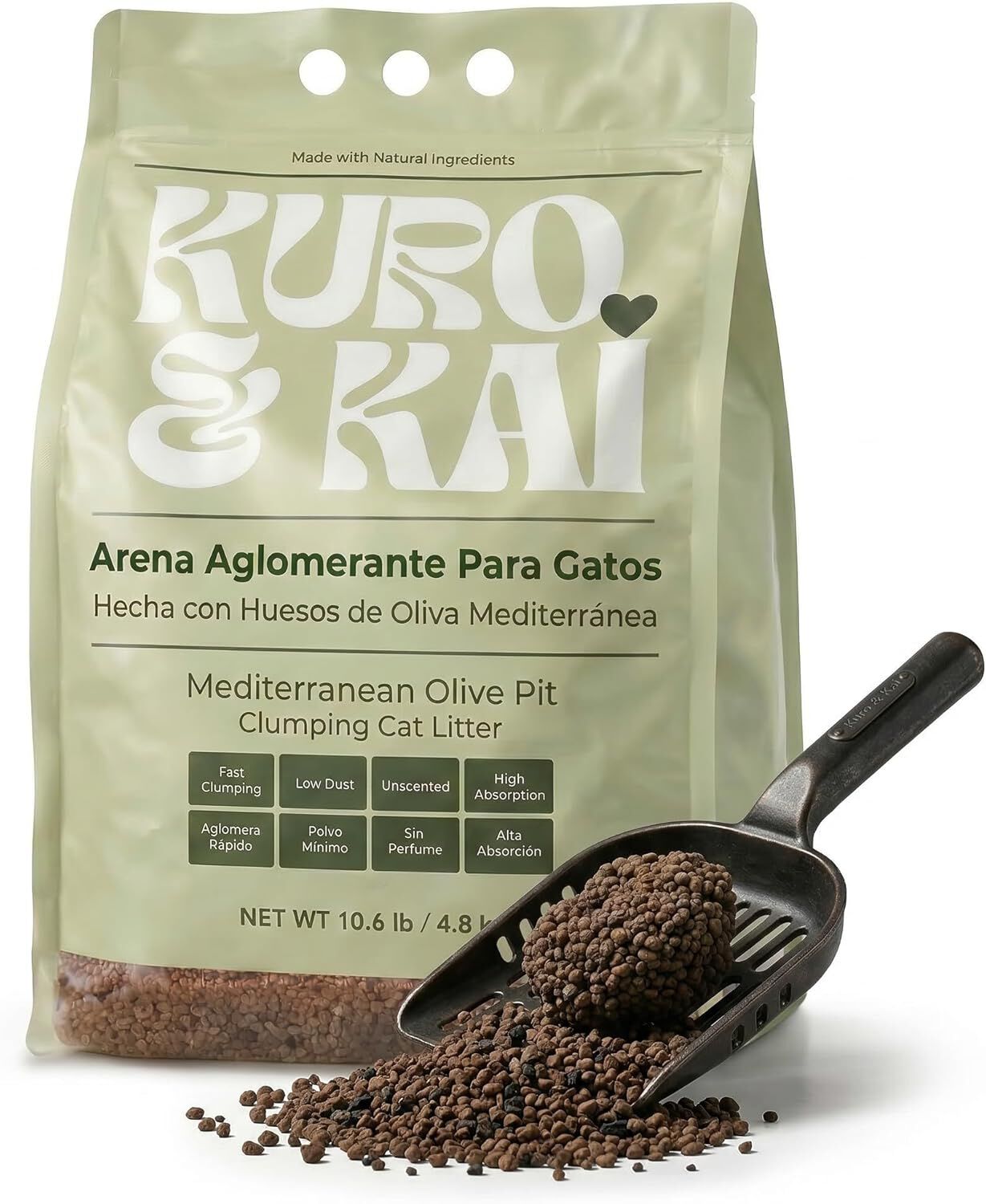 KURO & KAI Arena Aglomerante Natural para Gatos &ndash; Hueso de Oliva con Carb&oacute;n Activo, Sin Perfume, Poco Polvo, Pack 4 Unidades, 19,2 kg / 28 L, , large Imagen numero 7