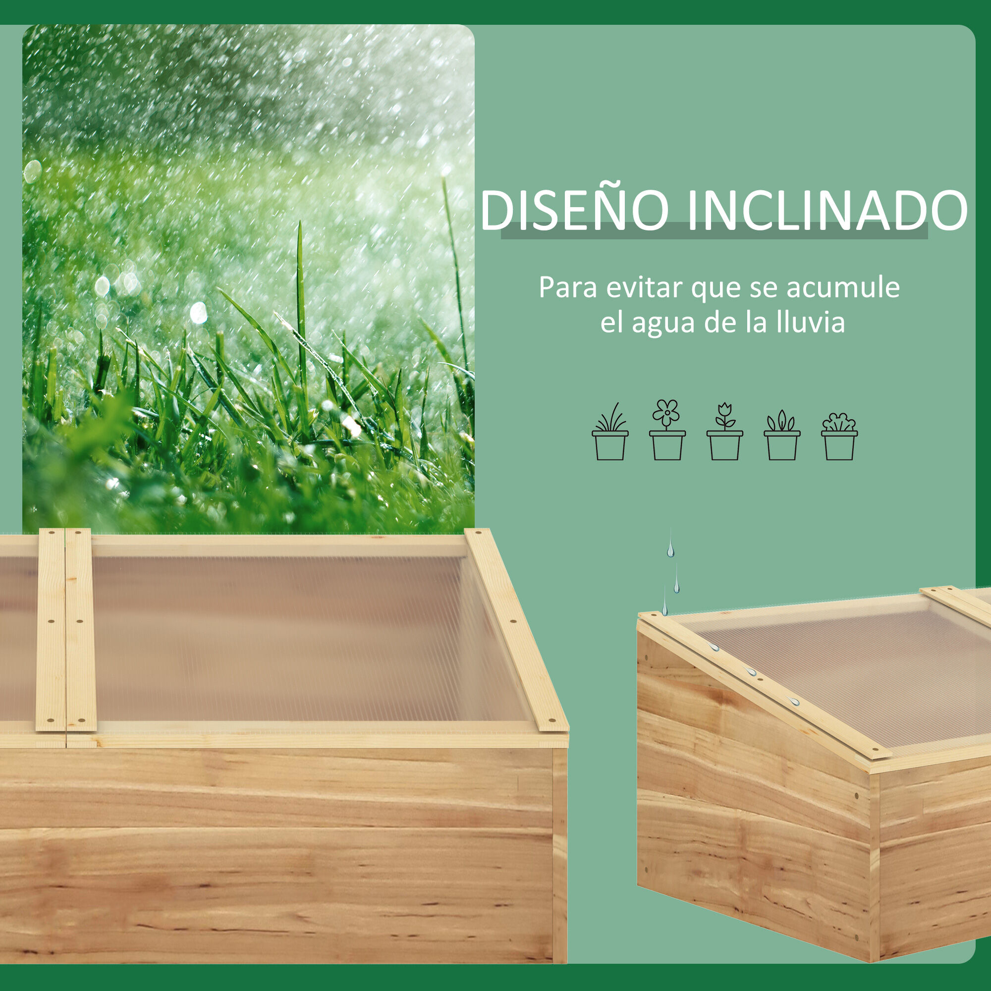 Outsunny Invernadero de Madera Huerto Urbano Vivero Casero con Doble Tapa de Policarbonato Abatible para Cultivo de Plantas Huerto Jard&iacute;n Terraza Patio Exterior 100x50x36 cm Natural, , large Imagen numero 4