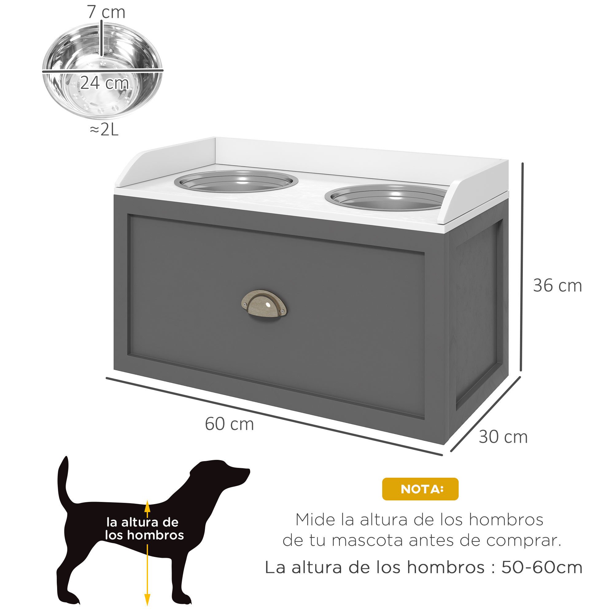 PawHut Comedero Elevado para Perros Grandes Cuencos para Perros con 2 Tazones 2000ml de Acero Inoxidable y Caj&oacute;n Oculto Soporte de Madera para Mascotas 60x30x36 cm Gris y Blanco, , large Imagen numero 3