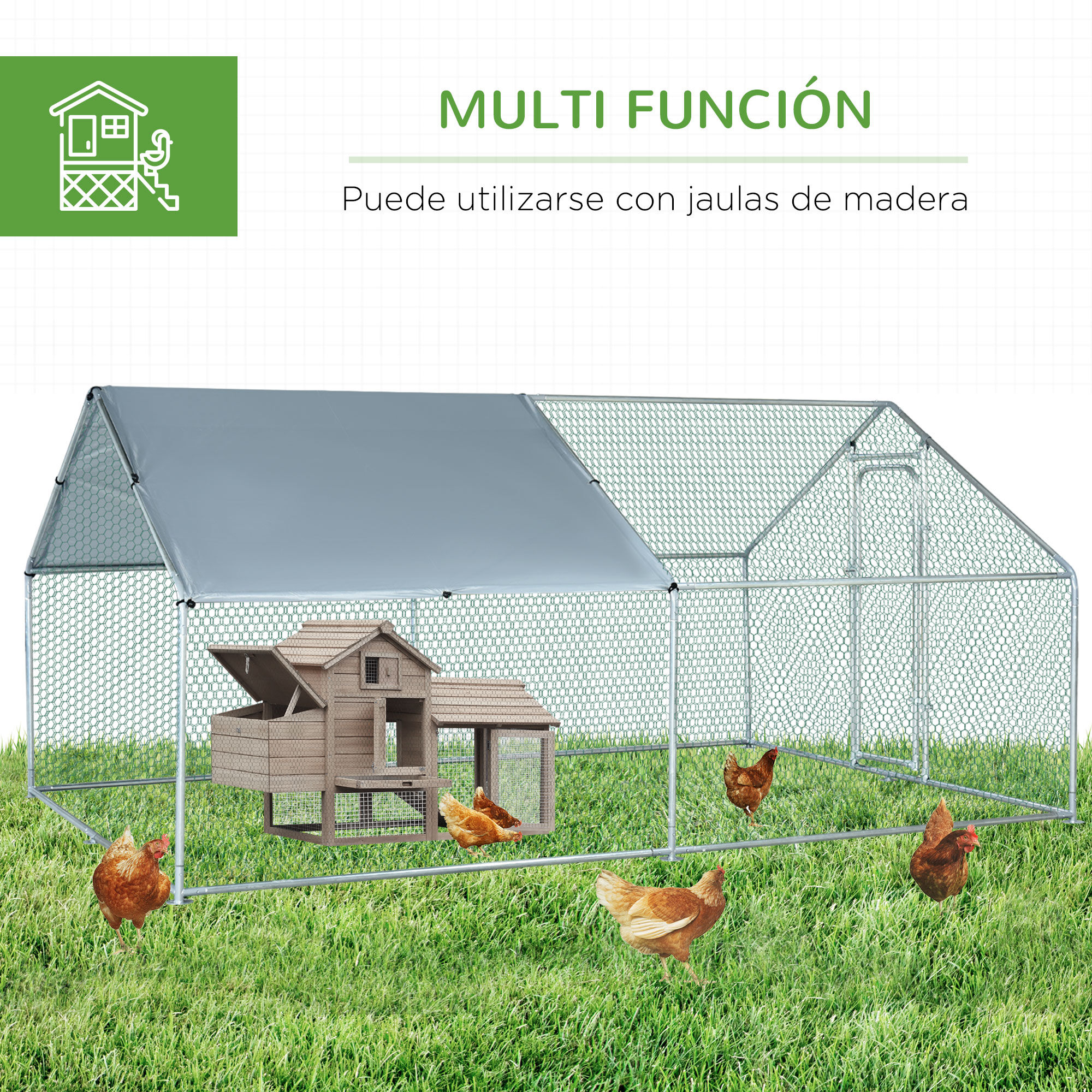 PawHut Gallinero Exterior Grande de Metal Galvanizado 3x4x1,95 m Jaula de Aves con Puerta Cubierta de Tela Oxford Resistente a los Rayos UV y al Agua para Patio Plata, , large Imagen numero 5