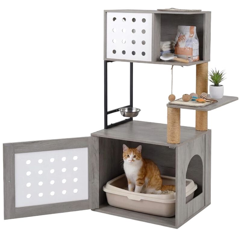 COSTWAY &Aacute;rbol Rascador para Gatos, Torre para Gatos de de M&uacute;ltiples Niveles con Postes Rascadores de Sisal, Condo, Zona de Alimentaci&oacute;n y Bola Colgante y Recinto para Caja de Arena, 117,5 cm (Gris), , large Imagen numero 1