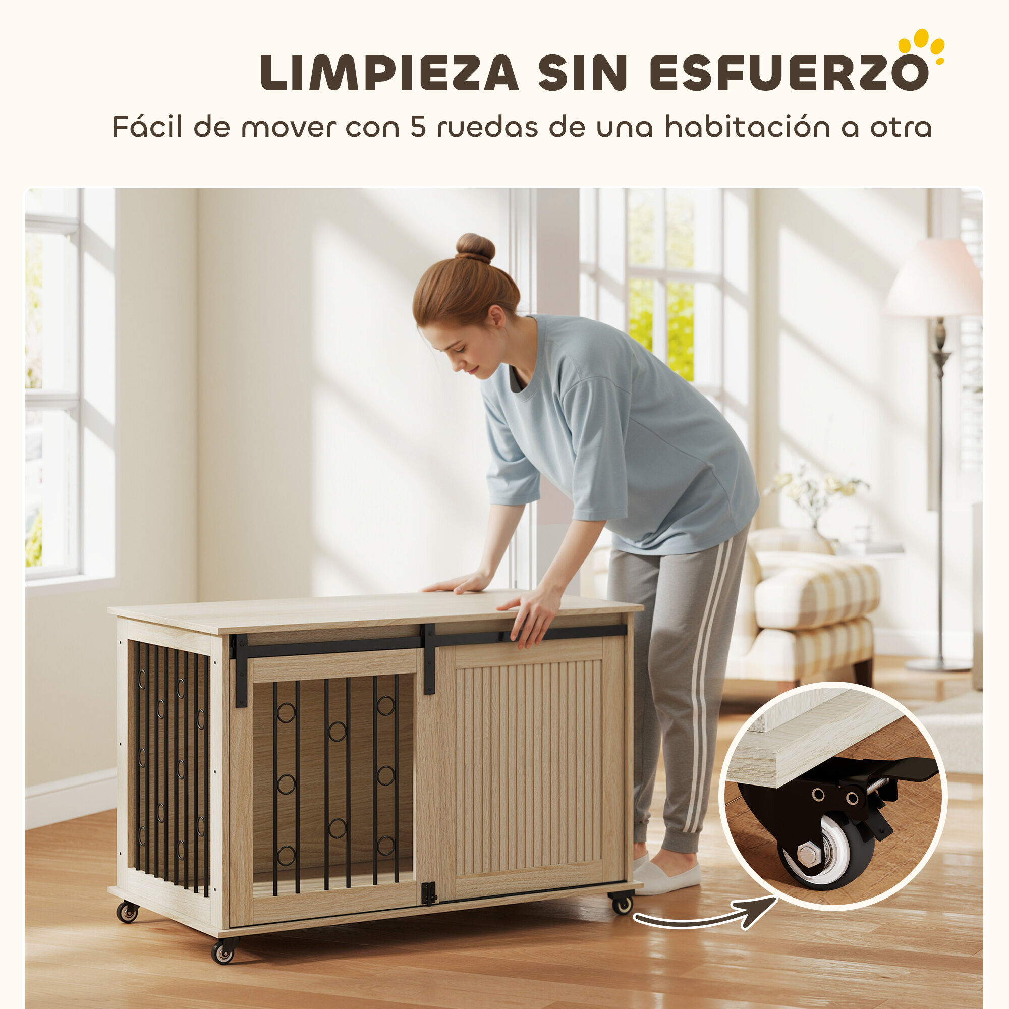 PawHut Jaula para Perros con Ruedas, Mesa Auxiliar, Casa para Mascotas Moderna con 2 Puertas y Cierre, para Perros Medianos y Grandes, 100x56x65 cm, Roble, , large Imagen numero 5