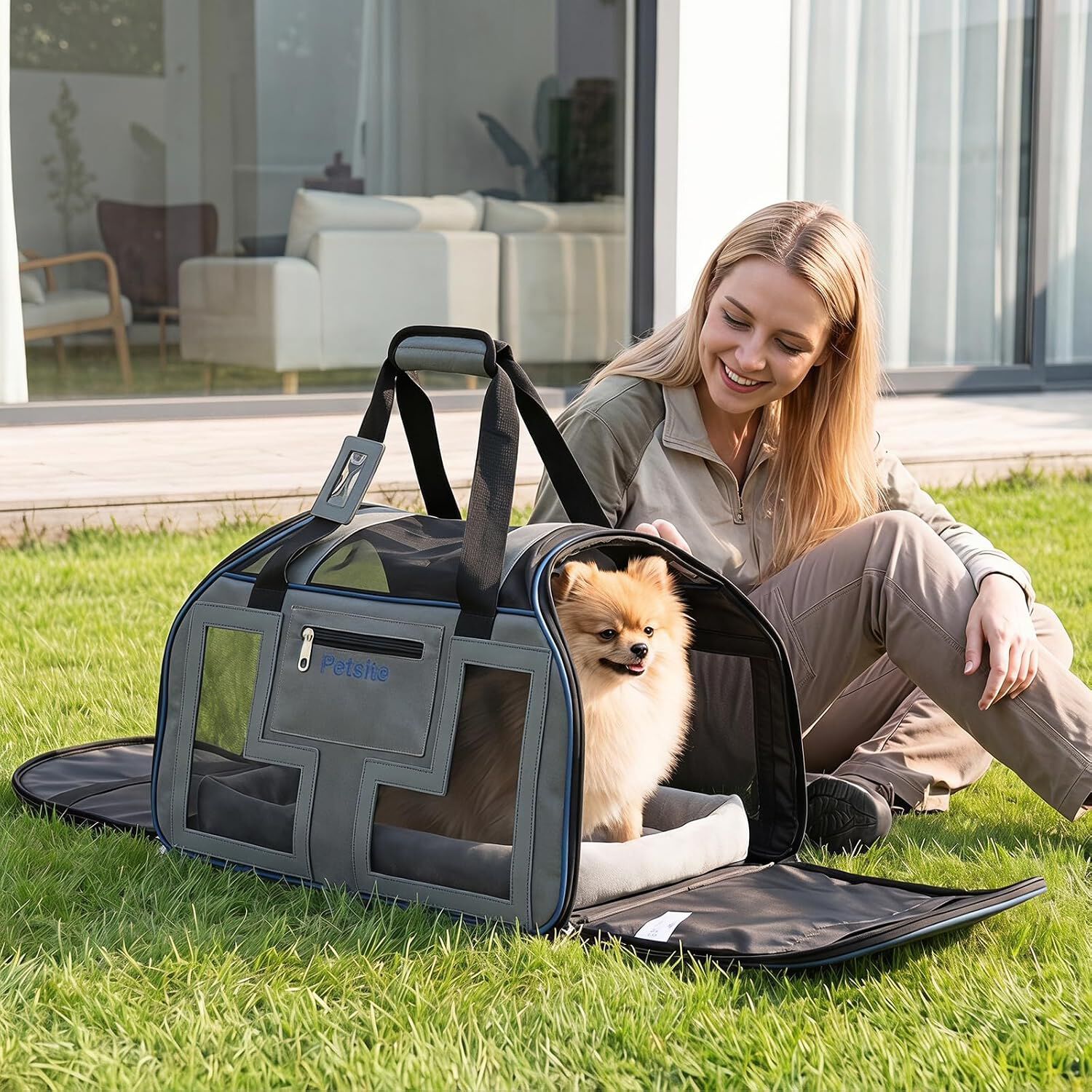 COSTWAY Transport&iacute;n con Ruedas para Gatos con Mango Telesc&oacute;pico, Bolsa Transporte Plegable con Asa Acolchada, Entradas con Cremallera y Coj&iacute;n Extra&iacute;ble, Portador de Viaje para Mascotas, Gris Azul, , large Imagen numero 2