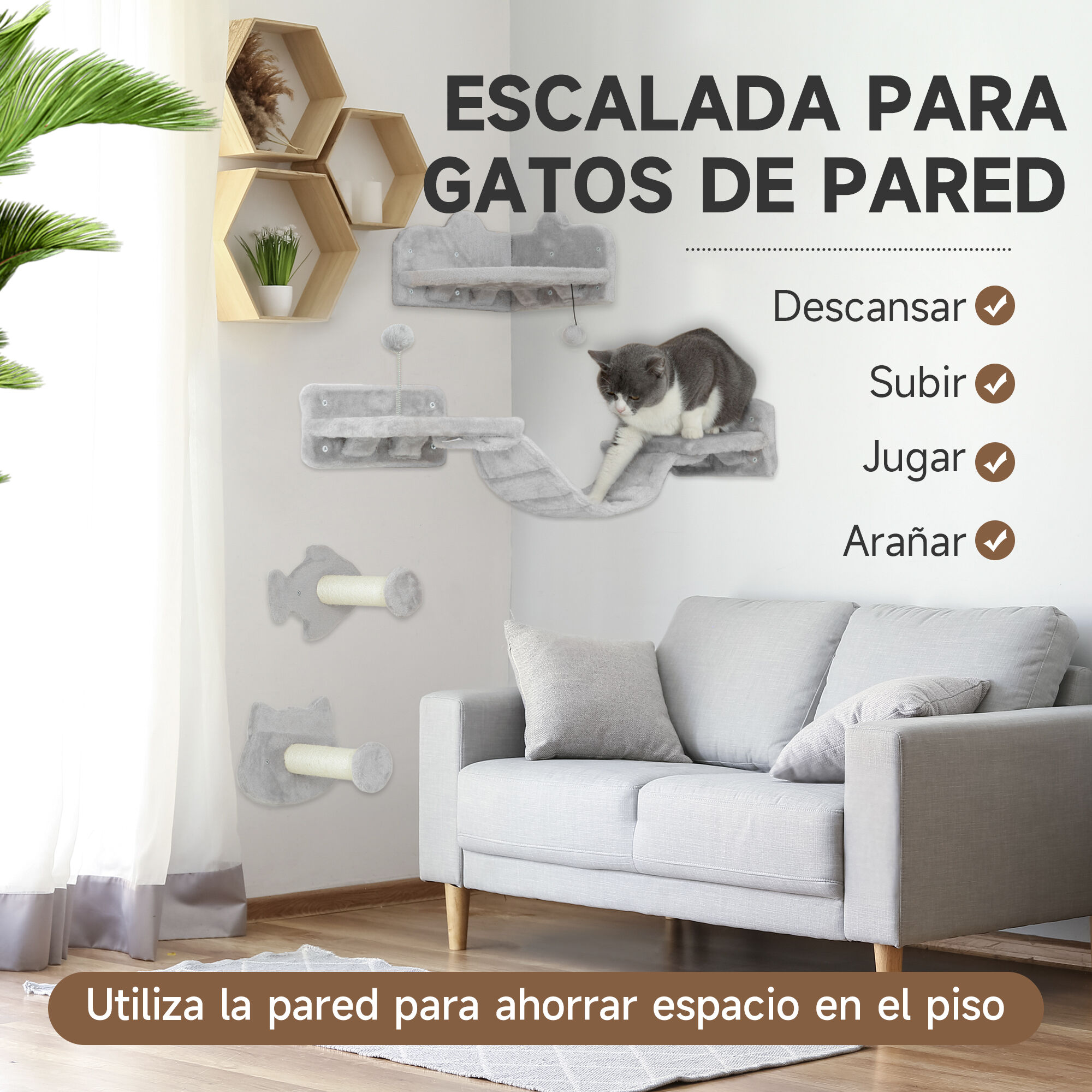 PawHut Juego de Estanterías para Gatos de 4 Piezas Rascador de Pared para Gatos con 2 Postes de Sisal Plataforma Doble con Escalera Suave y 1 Plataforma para Saltar Gris Claro thumbnail