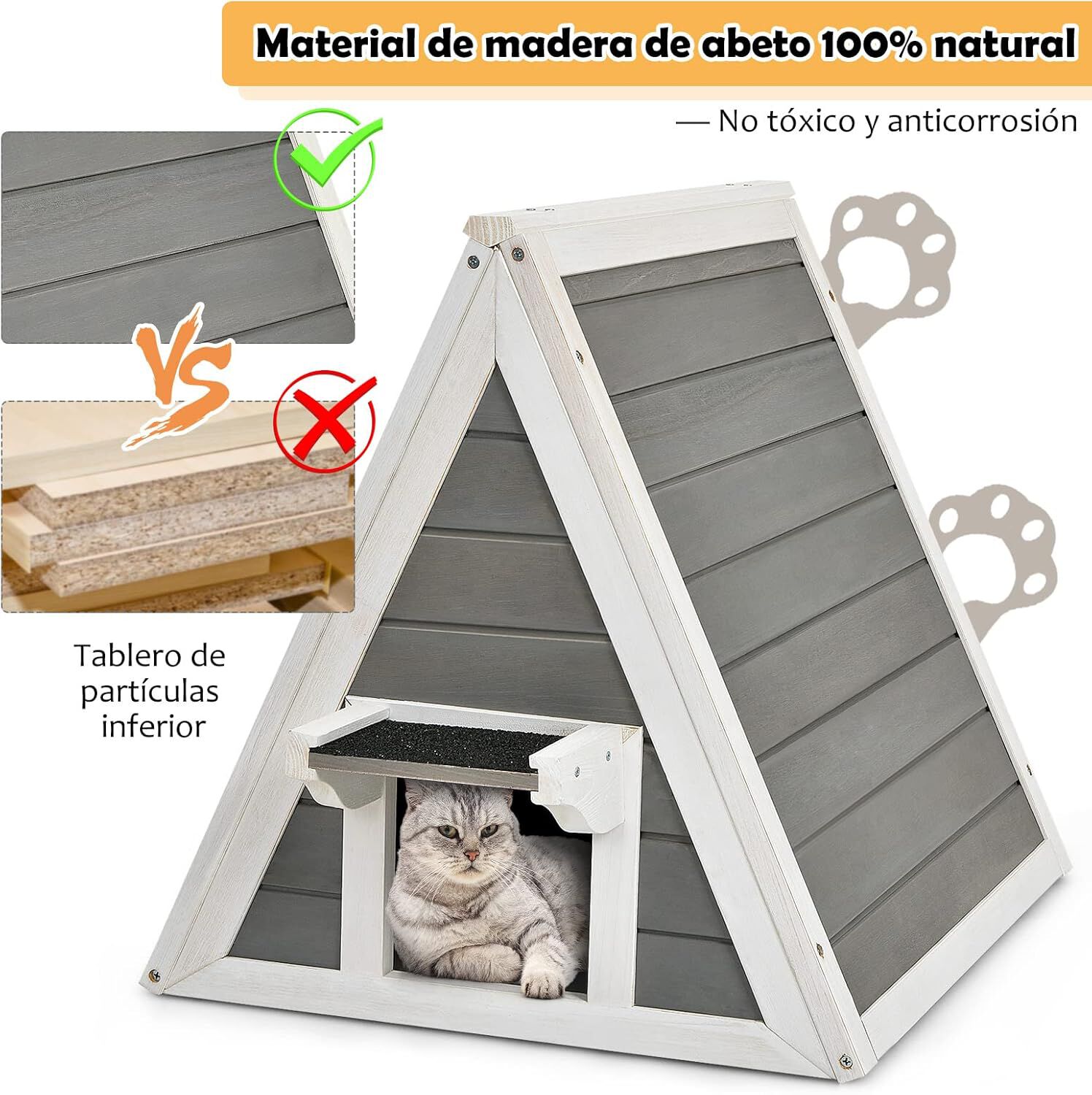 COSTWAY Casa Triangular de Madera con Techo Resistente a la Intemperie para gatos thumbnail