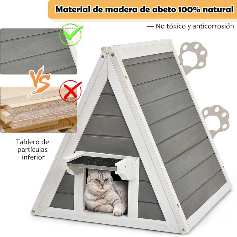 COSTWAY Casa Triangular de Madera con Techo Resistente a la Intemperie para gatos thumbnail