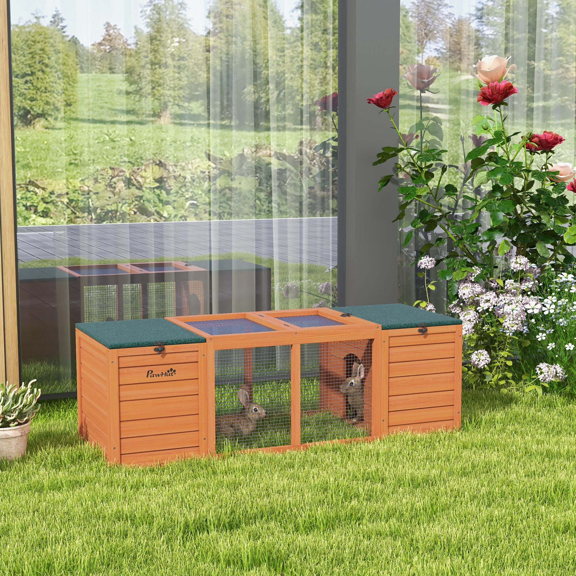 PawHut Conejera de Madera Jaula para Conejo con 2 Nidos 1 Puerta Superior Zona Abierta y Techo Asf&aacute;ltico para Exterior 140x52x46 cm Natural, , large Imagen numero 2