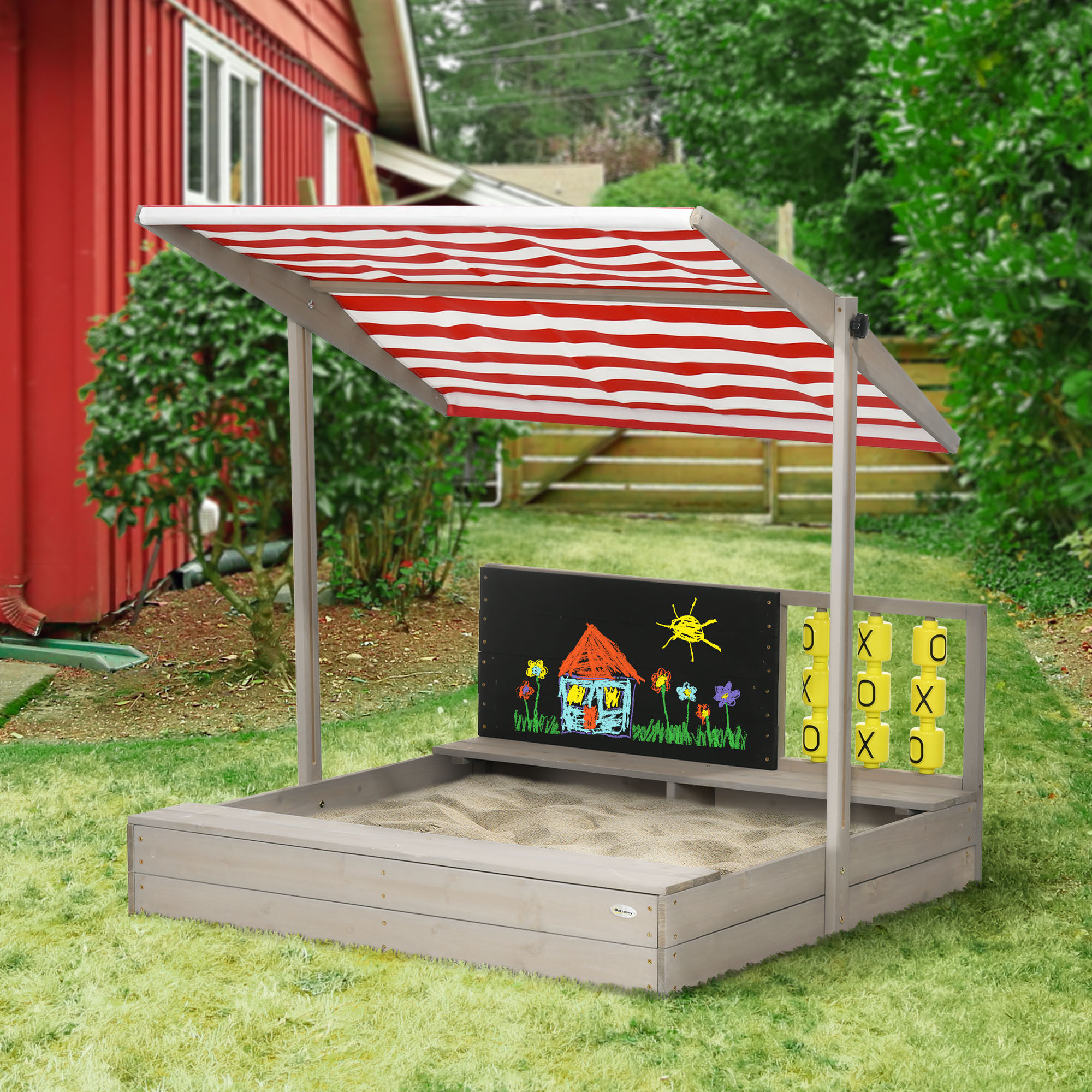 Outsunny Arenero de Madera para Ni&ntilde;os de 3-7 A&ntilde;os Arenero Infantil con Techo Ajustable de Tela no Tejida Banco de 2 Asientos Pizarra y Juguetes para Patio Jard&iacute;n 114x113x110 cm Gris, , large Imagen numero 2