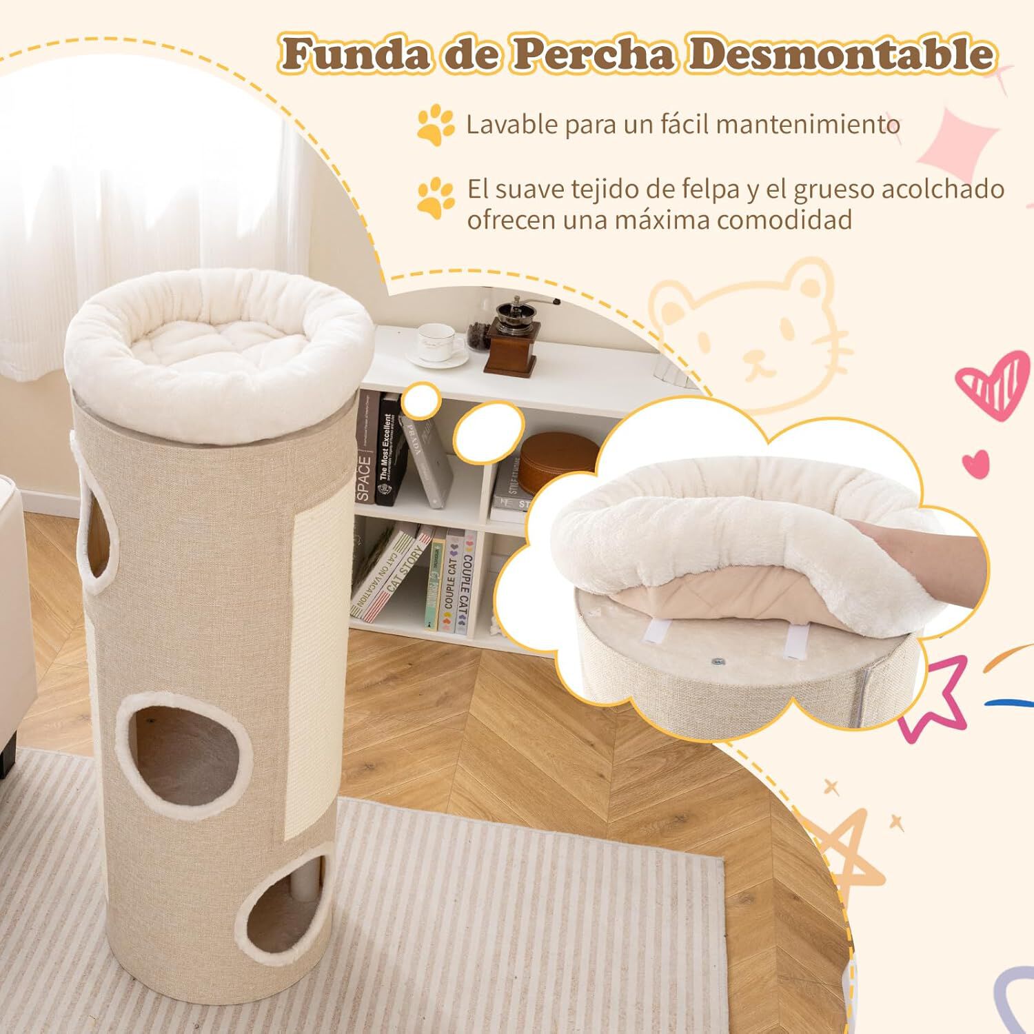 COSTWAY Barril Rascador de 4 Niveles para Gatos, Postes rascadores para Gatos con Cama de Percha Removible, Tablero Rascado de Sisal, &Aacute;rbol Rascador para Gato Interior, Cueva para Gatitos (De Sisal), , large Imagen numero 3