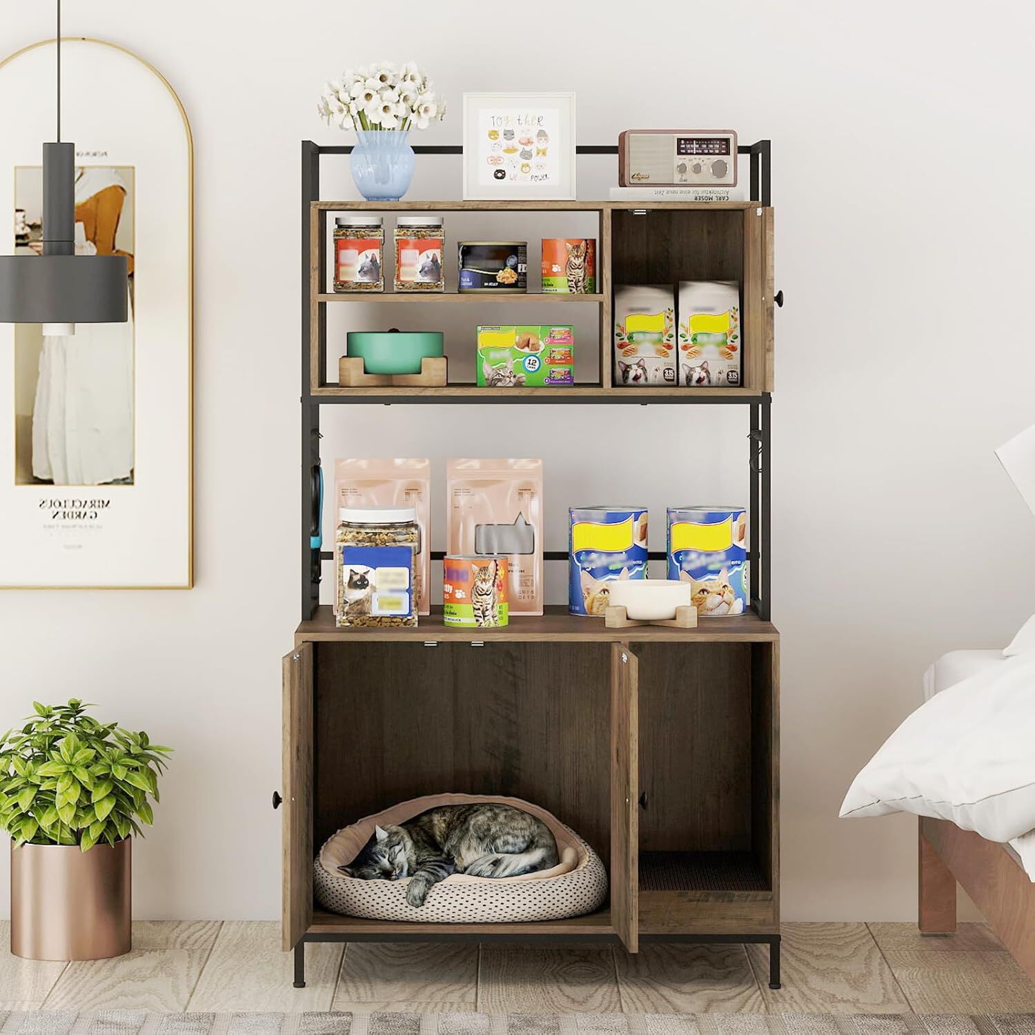 COSTWAY Mueble Arenero para Gatos, 78x51x137 cm, Caja de Arena Grande para Gatos con Estantes de Almacenamiento, Ganchos y Tablero Rascador, Estructura Met&aacute;lica, Mueble Auxiliar Gato para Sal&oacute;n, , large Imagen numero 2