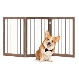 COSTWAY Barra para Perros Plegables, Barrera de Seguridad para Interiores, Separador de Habitaciones de 3 Paneles Plegable y Autoportante para Mascotas Pequeños y Medianos (Marrón)