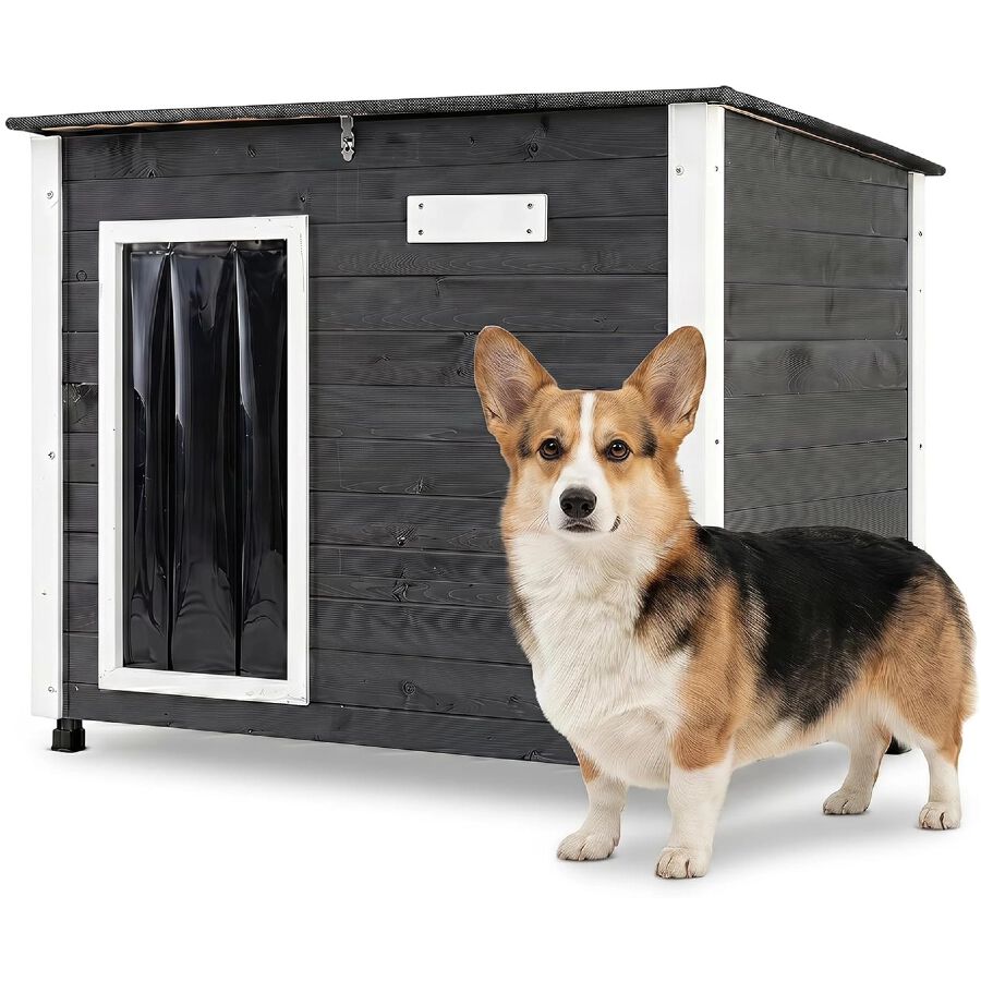 COSTWAY Caseta para Perros Exterior, Casa para Perros de Madera | con Puerta, Techo Inclinado Abatible, Puerta de PVC, Patas Elevadas, 85,5 x 56,5 x 64,5cm Mueble Perrera para Mascotas, Gris, , large Imagen numero 1