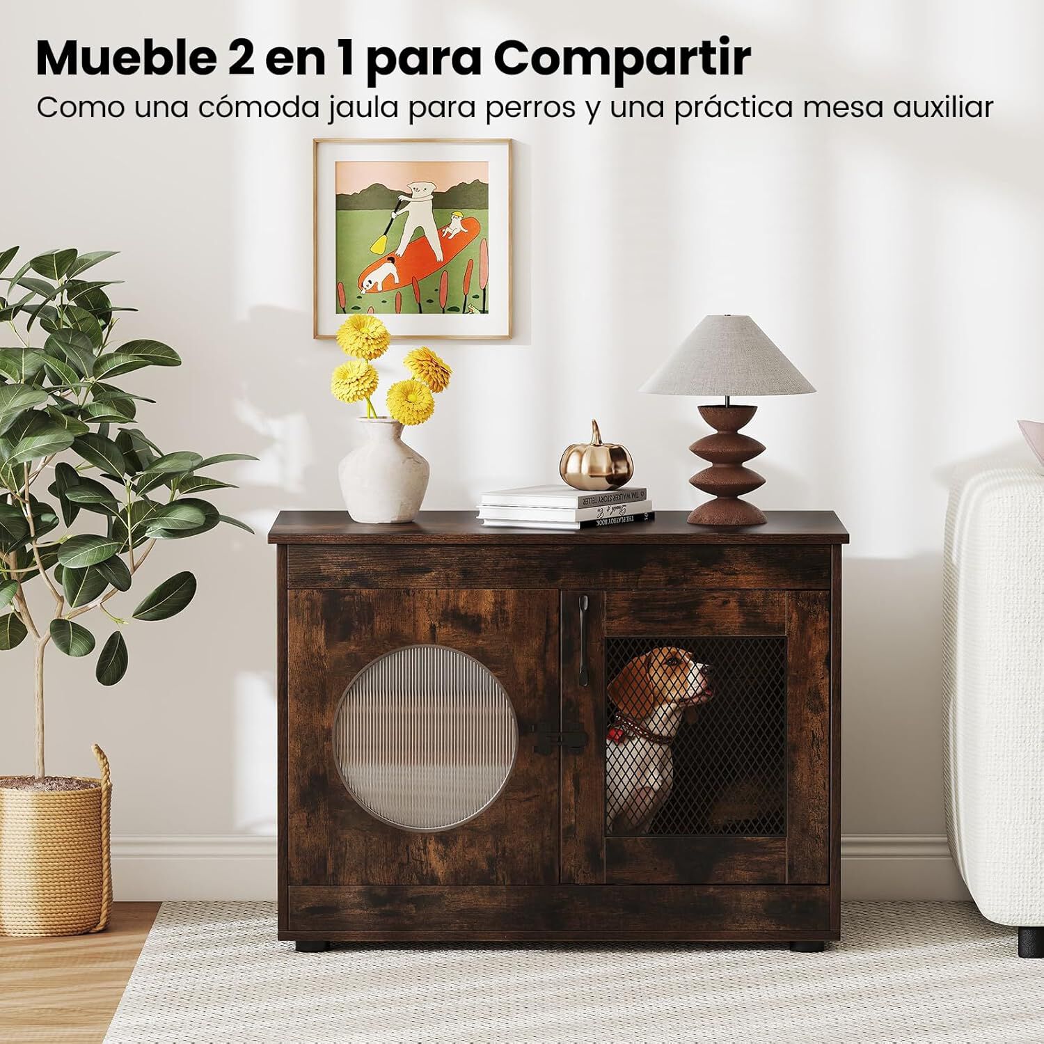 COSTWAY Mueble para Mascotas, 2 en 1 Jaula de Metal Resistente a Mordeduras con Ventana Translúcida, Caseta de Madera como Mesa Lateral, Ideal para Perros Pequeños y Medianos, Marrón Rústico thumbnail
