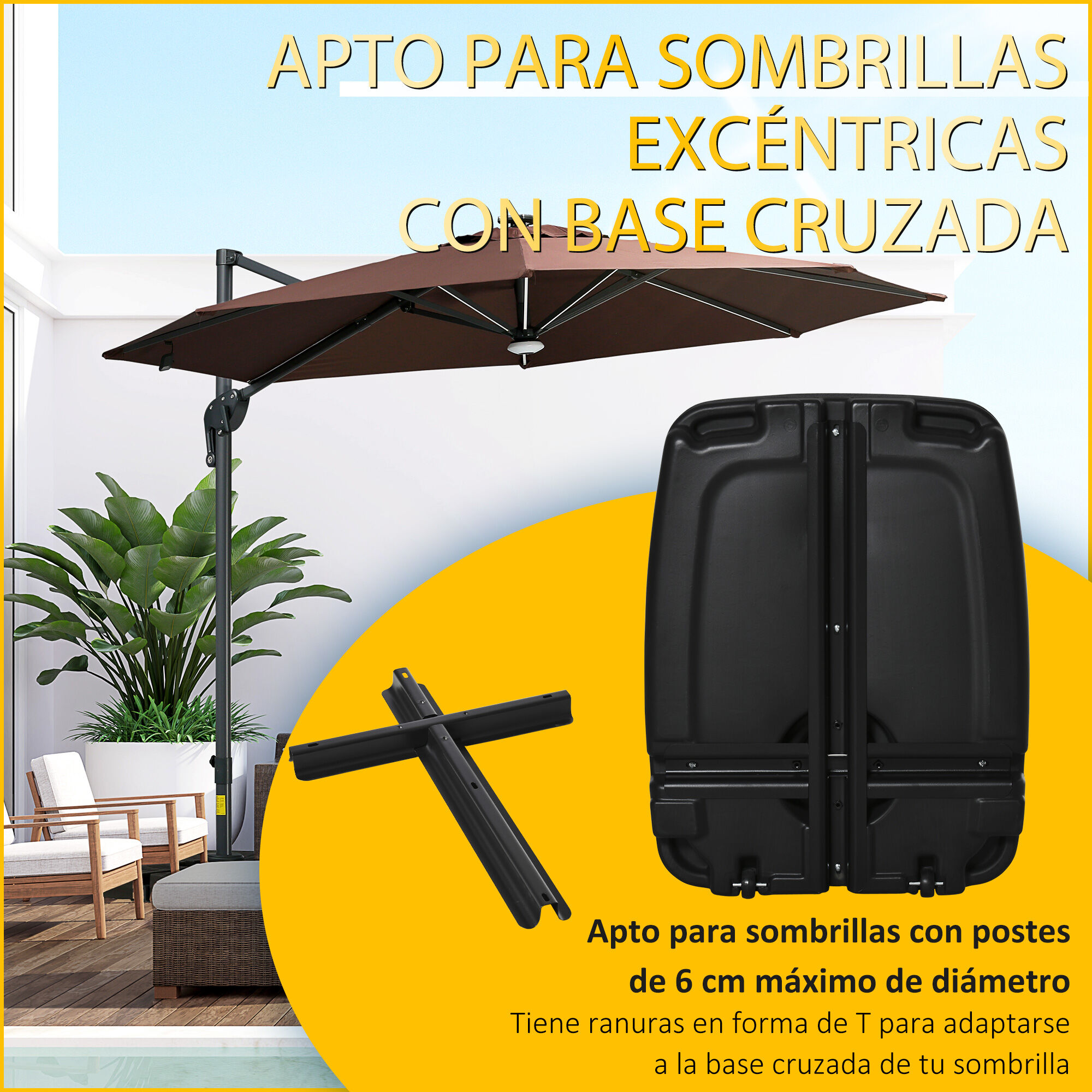 Outsunny Base de Sombrilla con 2 Ruedas Rellenable de Agua 60 kg Arena 68 kg o Mixto 75 kg Soporte de Parasol para Base Cruzada para Jard&iacute;n Patio Terraza 80x60x17 cm Negro, , large Imagen numero 4