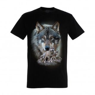Camiseta unisex negra con estampado de lobos