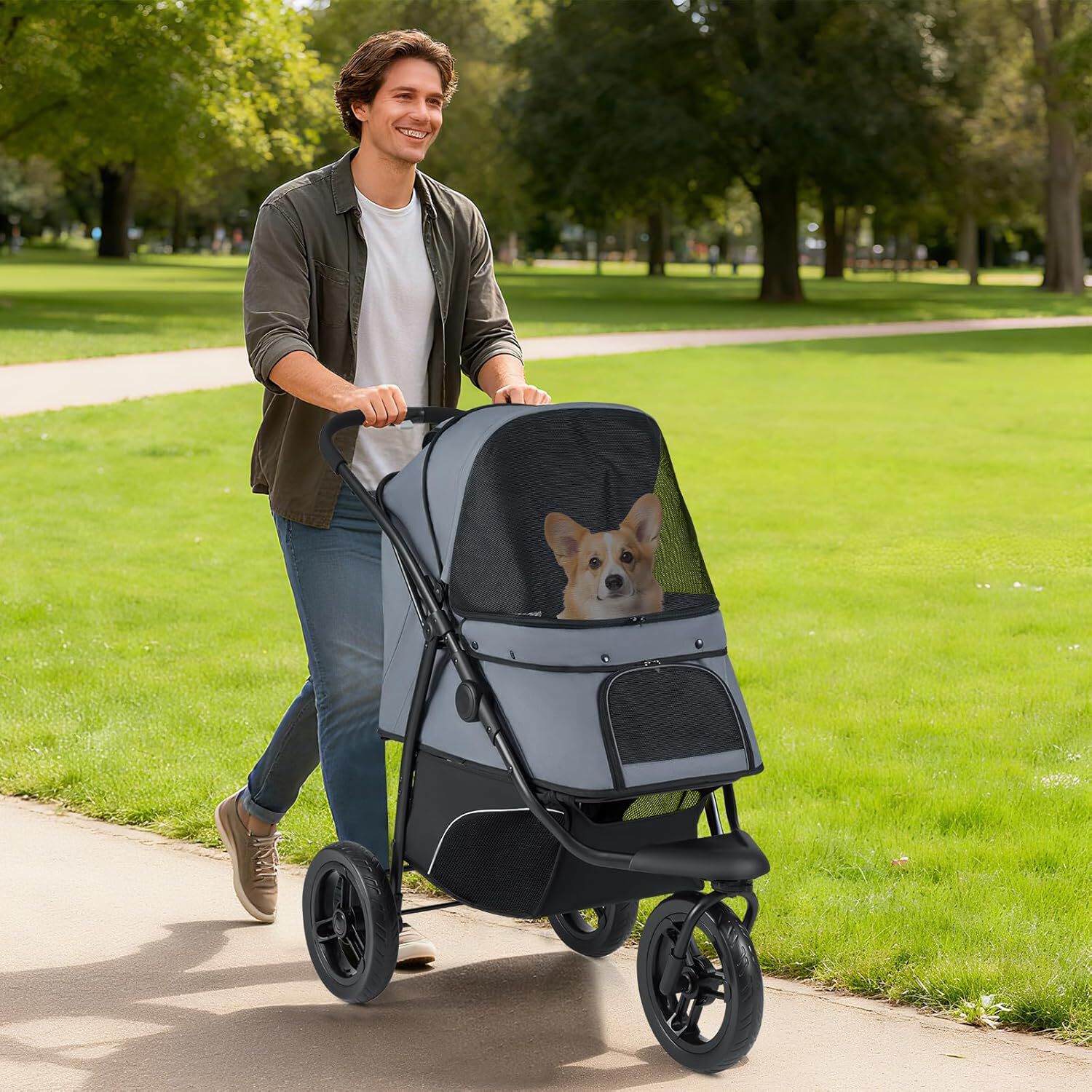 COSTWAY Cochecito Plegable para Perros, Carrito para Perros Peque&ntilde;os con Ruedas Todoterreno, Freno, Capota Ajustable, Cesta, Coj&iacute;n, Correa de Seguridad, Bolsa de Transporte Mascota, Hasta 25kg (Gris), , large Imagen numero 2
