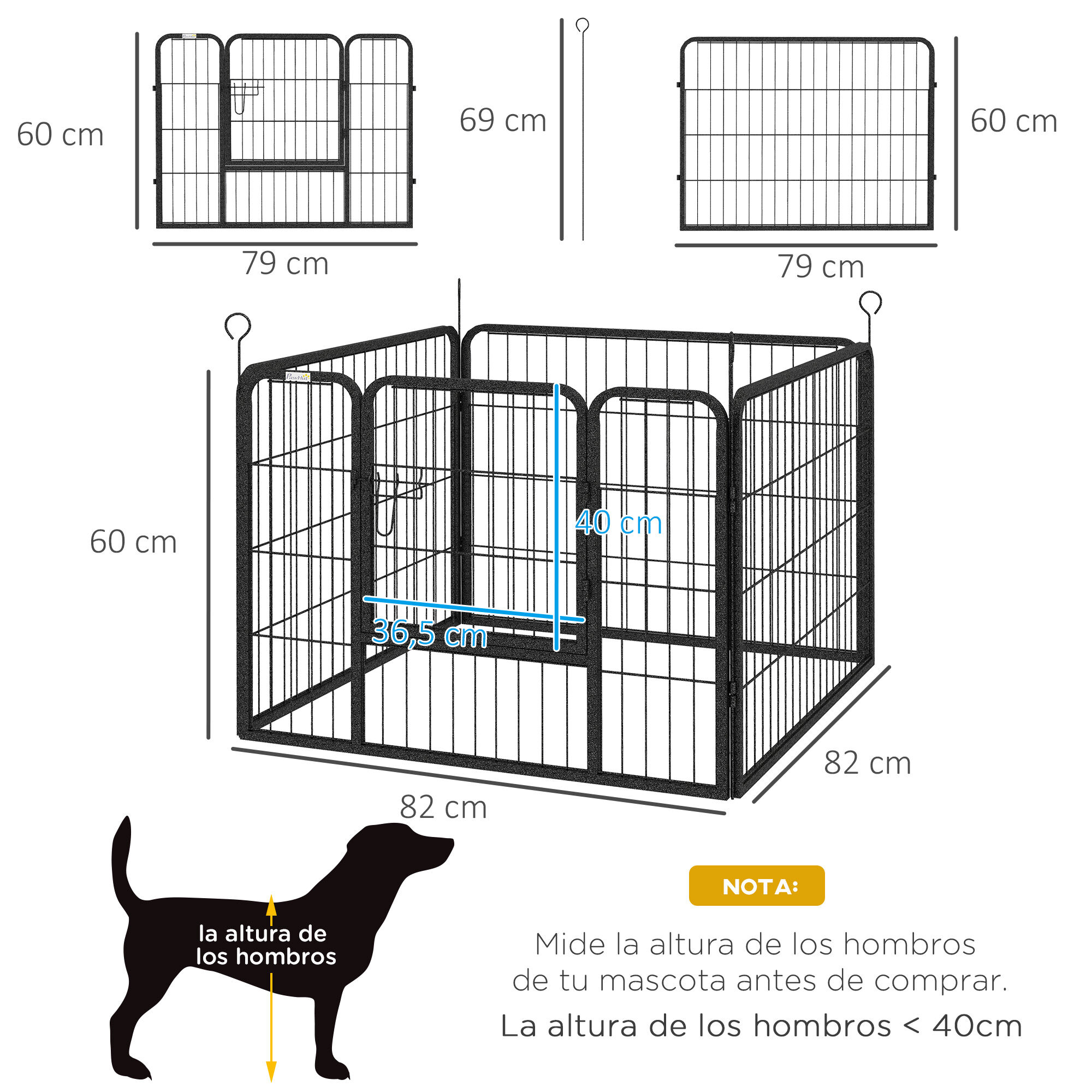 PawHut Parque para Perros de 4 Paneles 82x82x60 cm Parque de Juegos para Mascotas Plegable con Puerta de Pestillo y Marco de Metal para Interior y Exterior Gris, , large Imagen numero 3