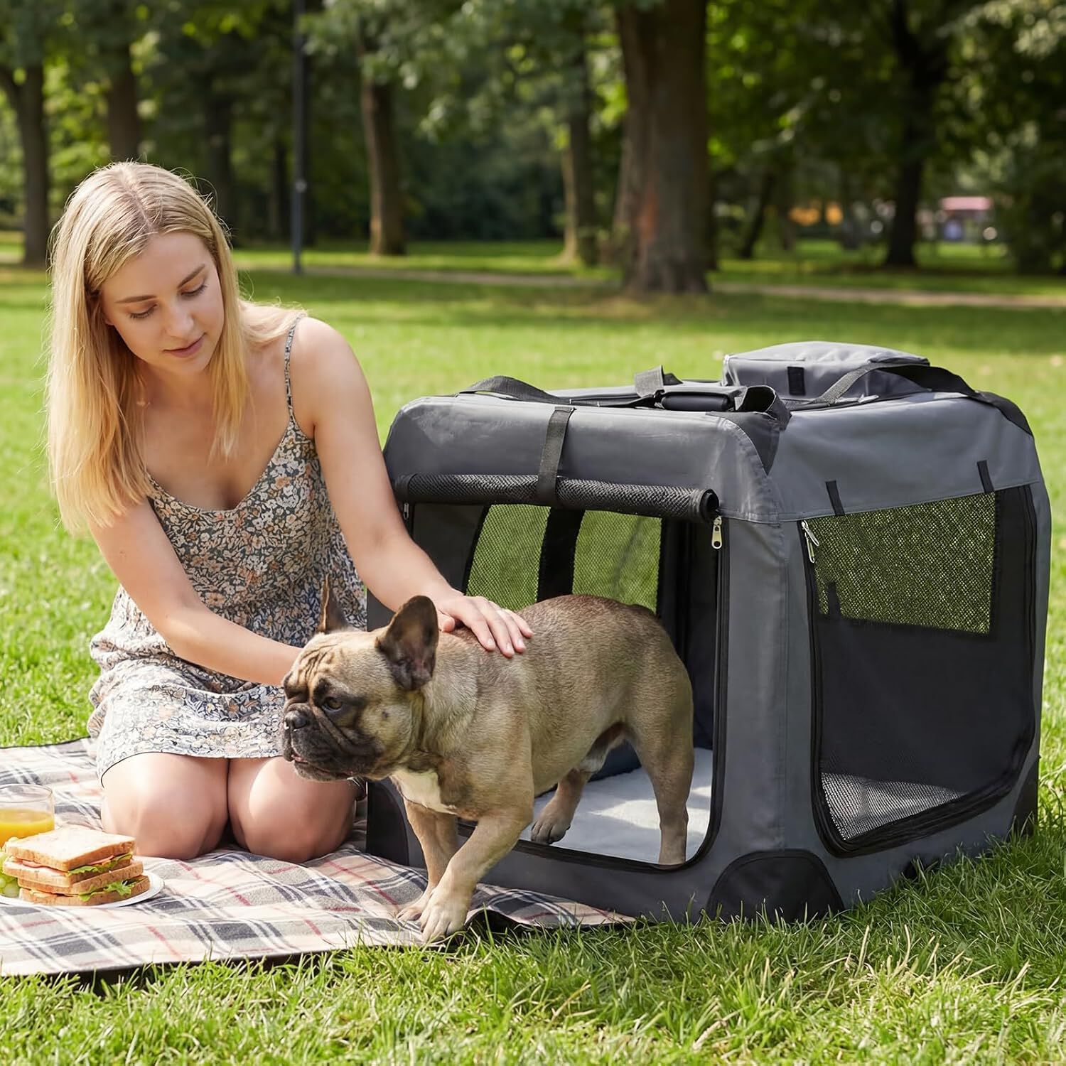 COSTWAY Transport&iacute;n para Perros Plegable, Bolsa Transporte para Gatos con Ventanas de Malla, 3 Puertas y Bolsillos Extra&iacute;bles, Portador de Viaje para Mascotas Interior y Exterior (Gris, L), , large Imagen numero 2