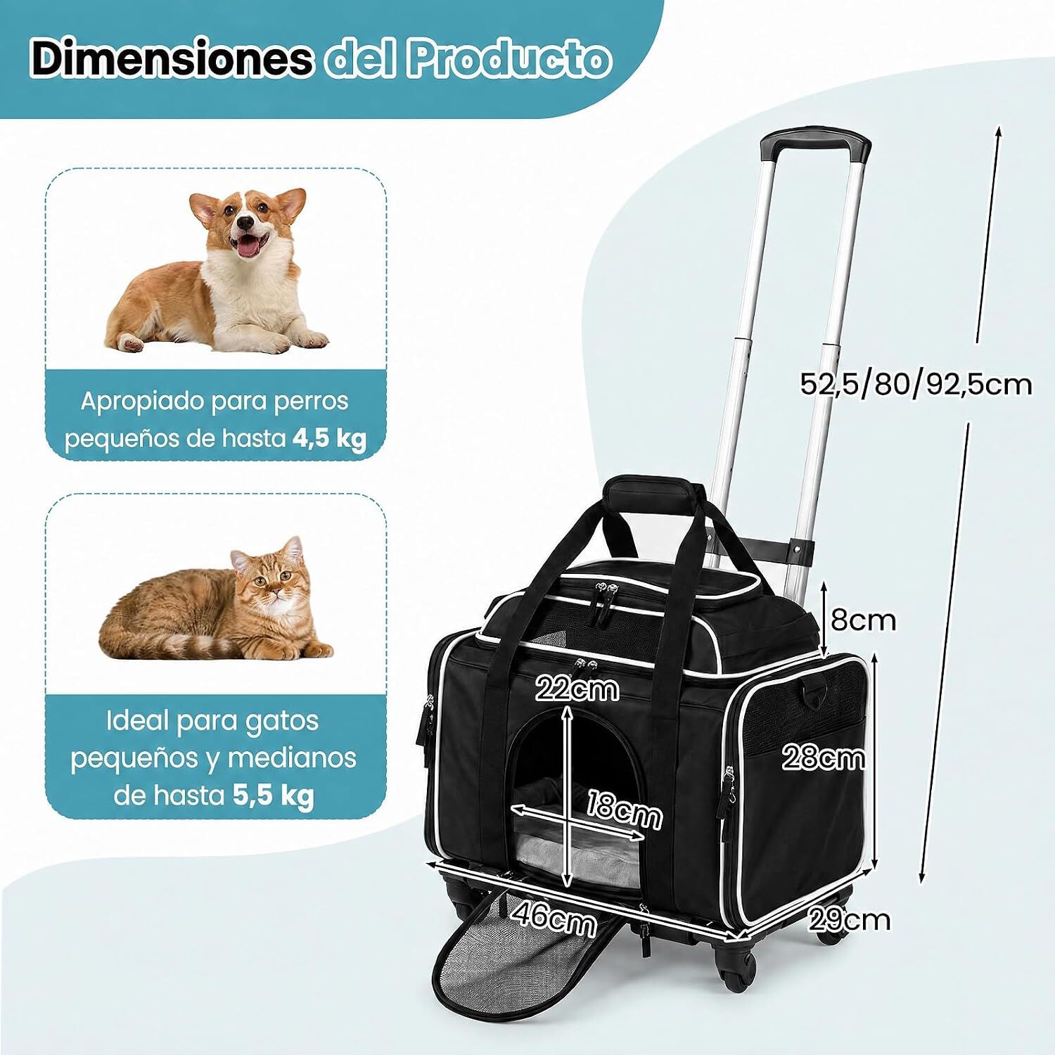 COSTWAY Transport&iacute;n para Mascotas con Ruedas y Asa Telesc&oacute;pica, Transportador para Perros y Gatos con Correa para Hombro, Alfombra Lavable, Ventanas Transpirables, Cremalleras, Negro, , large Imagen numero 3