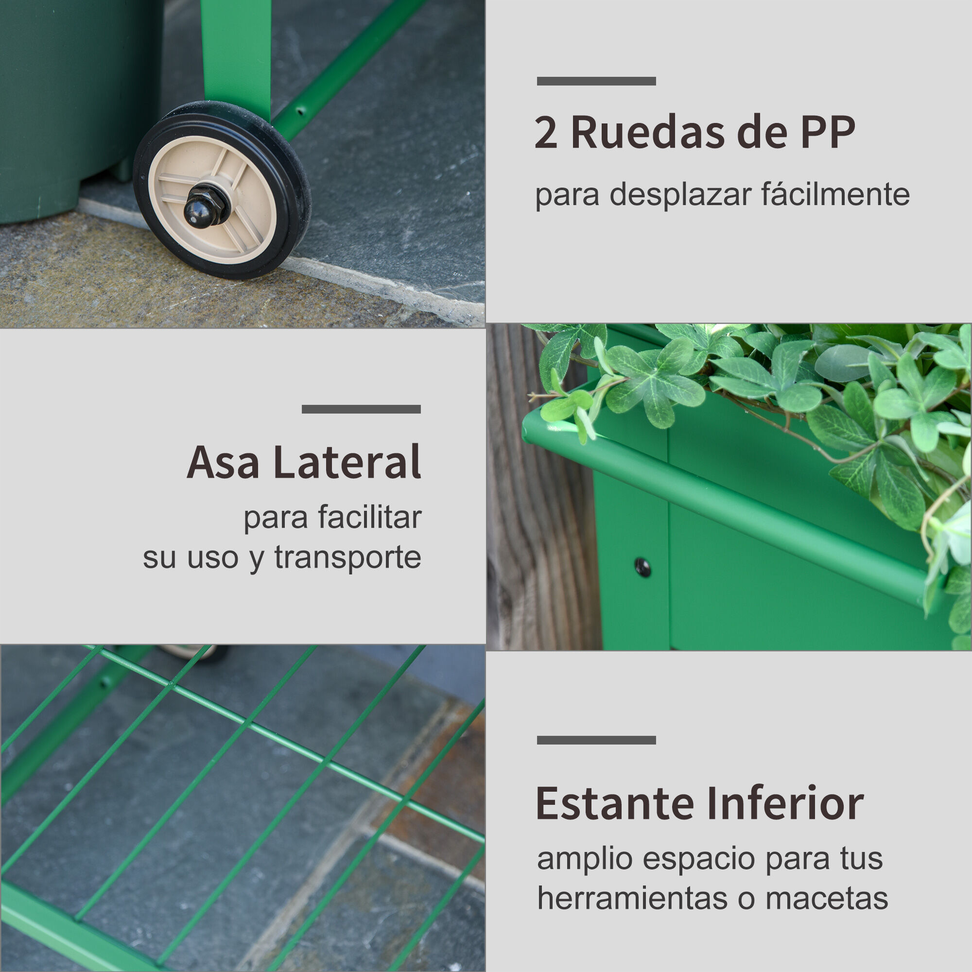 Outsunny Huerto Urbano Jardinera Elevada de Metal Cama de Jard&iacute;n con Ruedas Asa Lateral y Estante Inferior para Cultivo Plantas Hortalizas Flores 104x39x80 cm Verde, , large Imagen numero 4