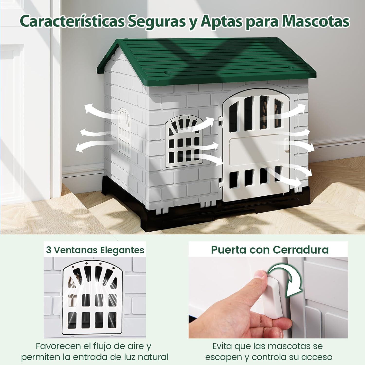 COSTWAY Casa para Perros Plegable de Pl&aacute;stico, Refugio para Mascotas Resistente a la Intemperie con Bandeja de Inodoro, Puerta con Cerradura, Techo Inclinado, Jaula de Interior Exterior para Cachorros Gatos, , large Imagen numero 3