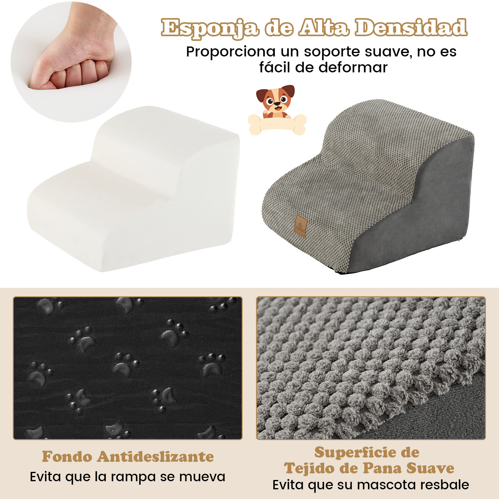 COSTWAY Rampa para Perros de Espuma, Escalera Suave para Mascotas de 2 Niveles con Funda Lavable, Pasos para Perros en Pendiente para Sof&aacute; (Gris), , large Imagen numero 2