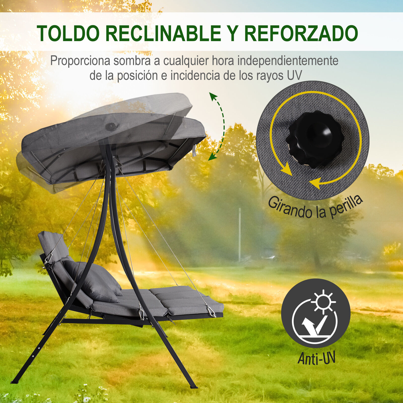 Outsunny Balanc&iacute;n con Toldo Ajustable de 3 Plazas Columpio de Jard&iacute;n con Dosel Cojines para Exterior Terraza Patio Carga 270 kg 200x115x168 cm Gris, , large Imagen numero 4