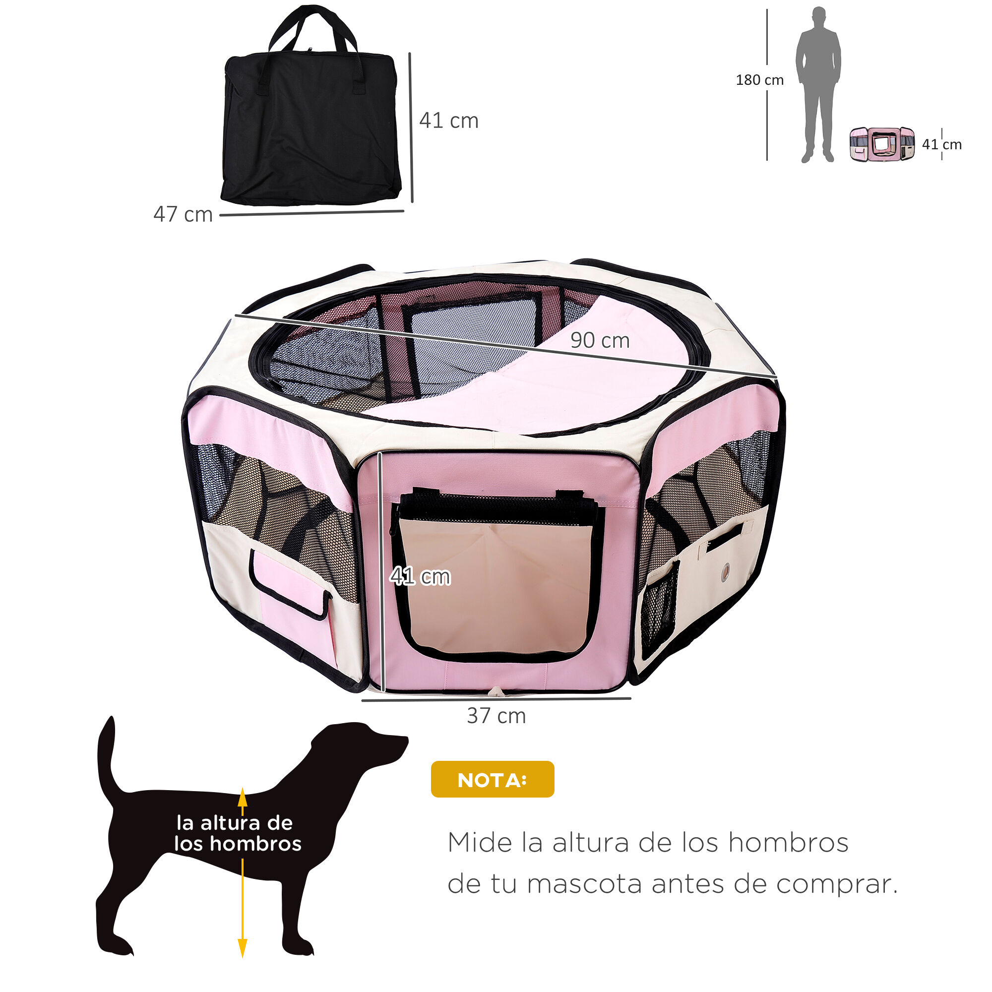 PawHut Parque Plegable para Perros y Gatos, Corralito Port&aacute;til para Animales Peque&ntilde;os Impermeable de Tela Oxford con 2 Puertas, para Exterior e Interior, &Oslash;90x41 cm, Rosa, , large Imagen numero 3
