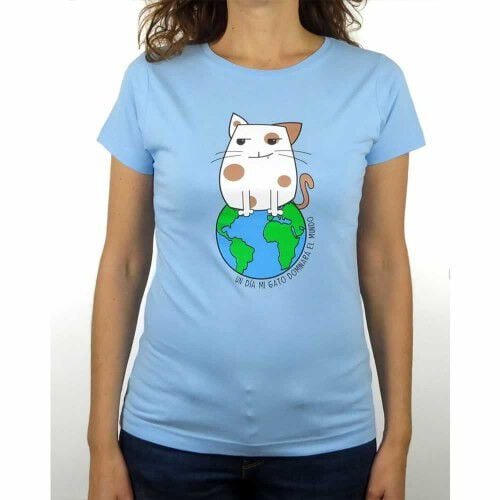 Camiseta mujer &quot;Un día mi gato dominará el mundo&quot; color Azul thumbnail