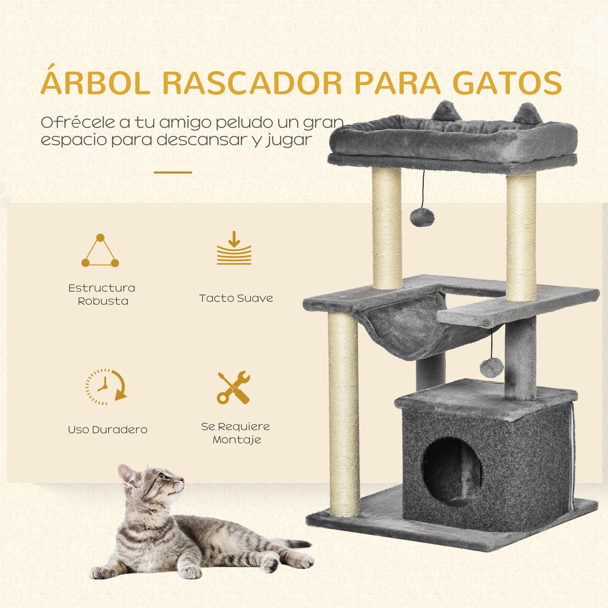 PawHut Árbol Rascador de 3 Niveles con Nido Hamaca gris para Gatos thumbnail