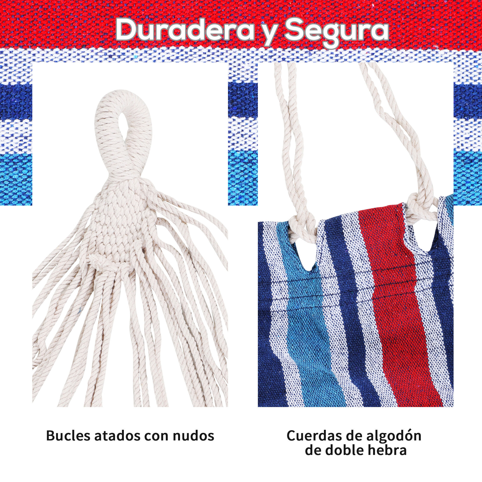 Outsunny Hamaca de Algod&oacute;n para Jard&iacute;n 210x150 cm Hamaca Colgante Port&aacute;til Carga M&aacute;x. 180 kg para Acampar Piscina Camping Rayas Azul y Rojo, , large Imagen numero 4