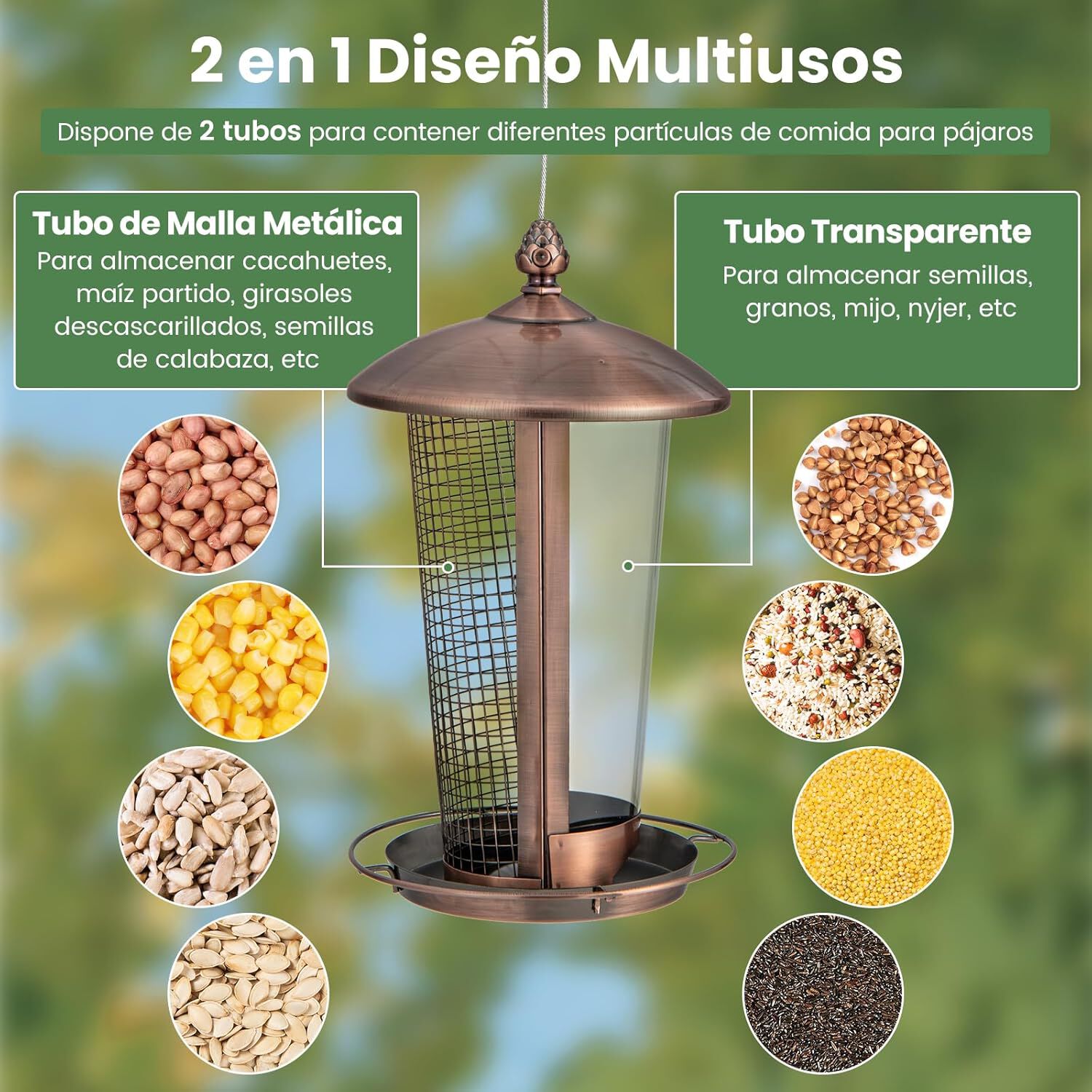 COSTWAY Comedero 2 en 1 de Metal para P&aacute;jaros Silvestres, Comedero Solar con Techo y 2 Tubos para P&aacute;jaros al Aire Libre,Comedero para Semillas de Aves Separadas, Decoraci&oacute;n de Jard&iacute;n y Patio, , large Imagen numero 3