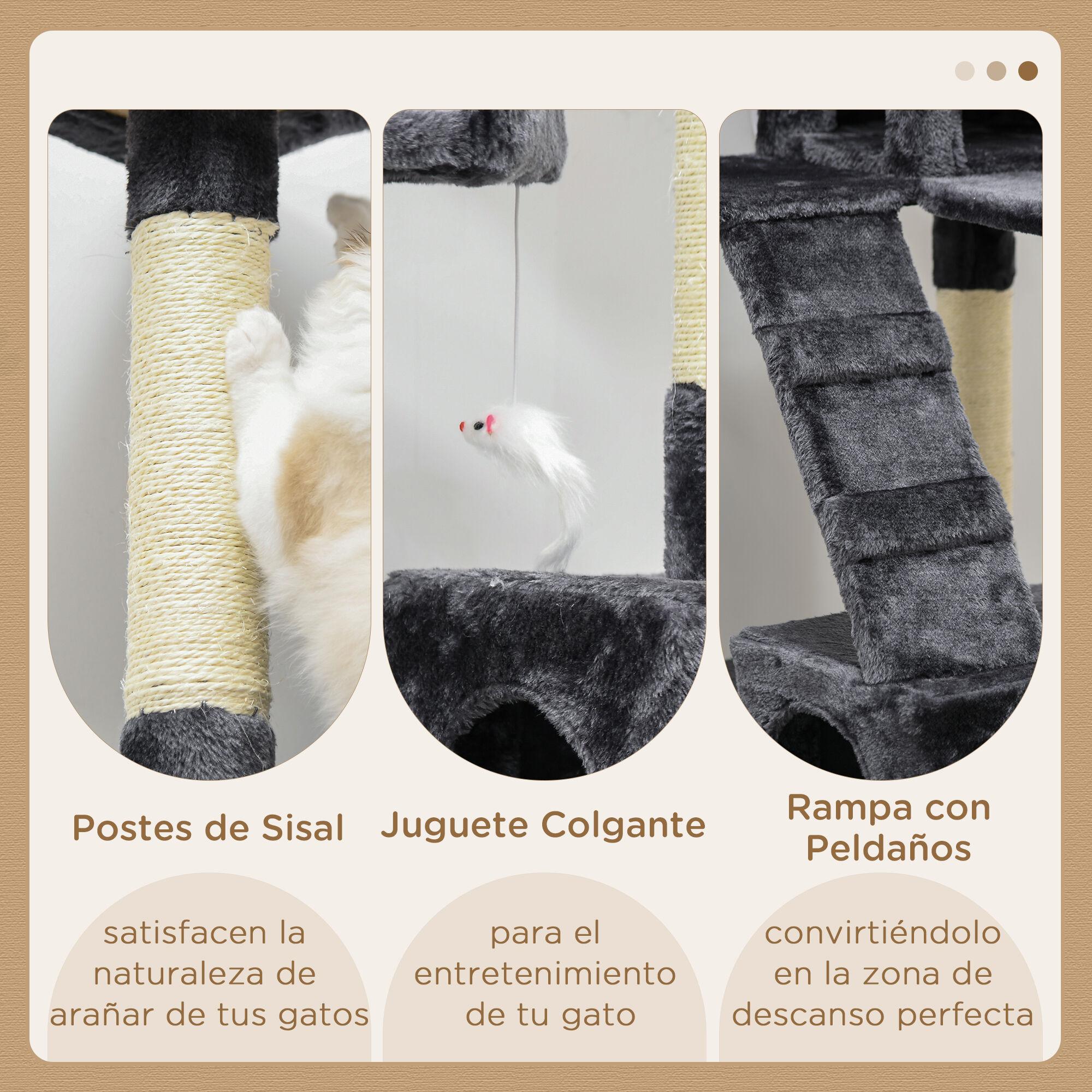 PawHut Árbol Rascador con Nidos Escaleras Juguetes Colgantes y Postes de Sisal Gris Oscuro para Gatos Grandes thumbnail
