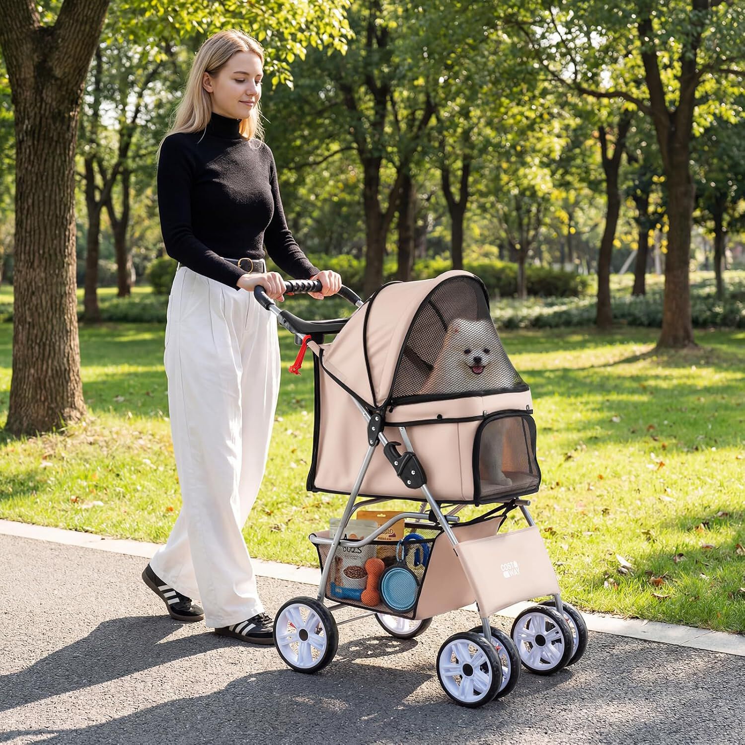 COSTWAY Cochecito para Mascotas, Carrito para Perros Plegable con Ruedas Grandes, Malla Transpirable, Cubierta Impermeable, Portavasos y Cesta, Carro para Perros Peque&ntilde;os y Gatos hasta 15 kg, Beige, , large Imagen numero 2