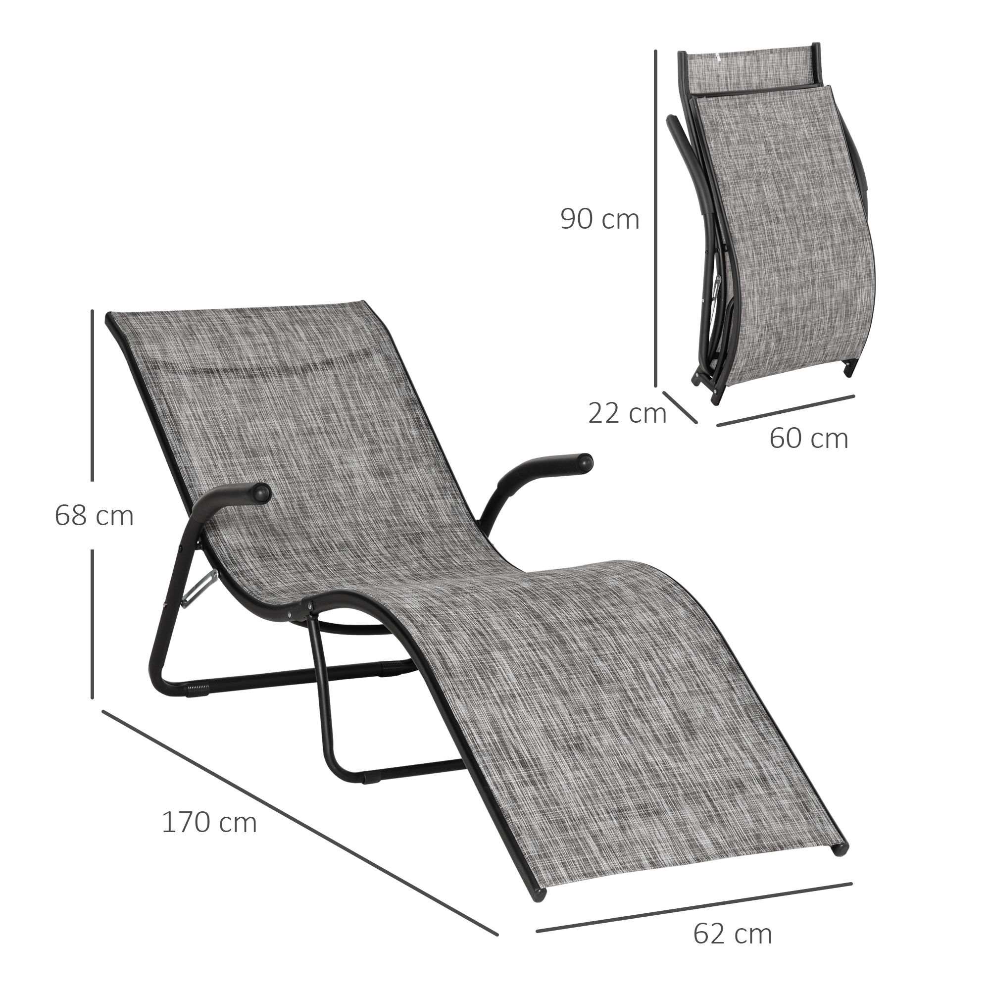 Outsunny Conjunto de 2 Tumbonas Plegables Tumbonas de Jard&iacute;n con Reposabrazos Reposapi&eacute;s y Respaldo Carga 160 kg para Terraza Playa Camping Exterior 170x62x68 cm Gris, , large Imagen numero 3
