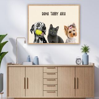 MascoZoom retrato realista personalizado all 3 mascotas con marco de madera de roble