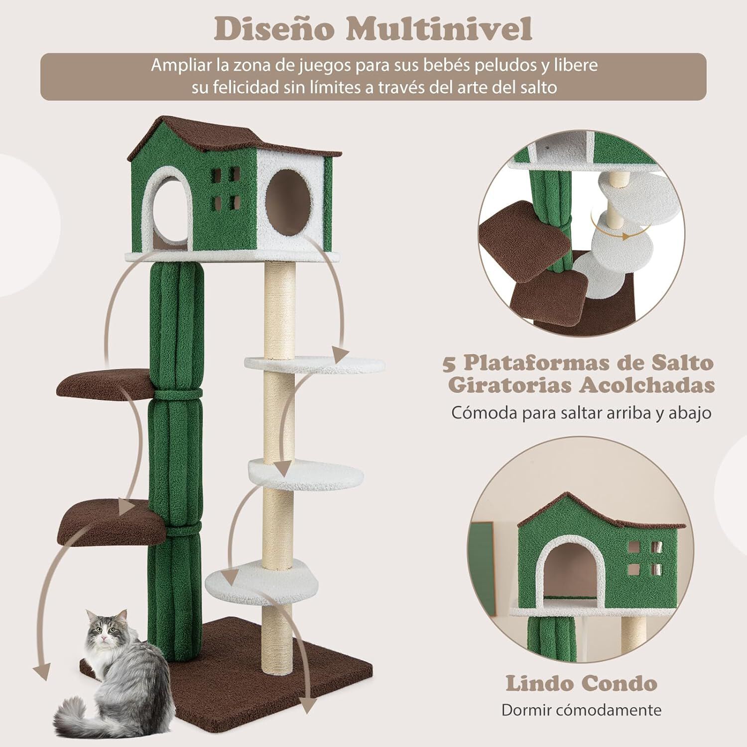 COSTWAY &Aacute;rbol Rascador para Gatos con 5 Plataformas, Altura 153 cm, Torre de Gatos con Condominio, Castillo Juego de Gato con Postes Rascadores Cubiertos de Sisal, Rascador Multinivel para Gatos, , large Imagen numero 2